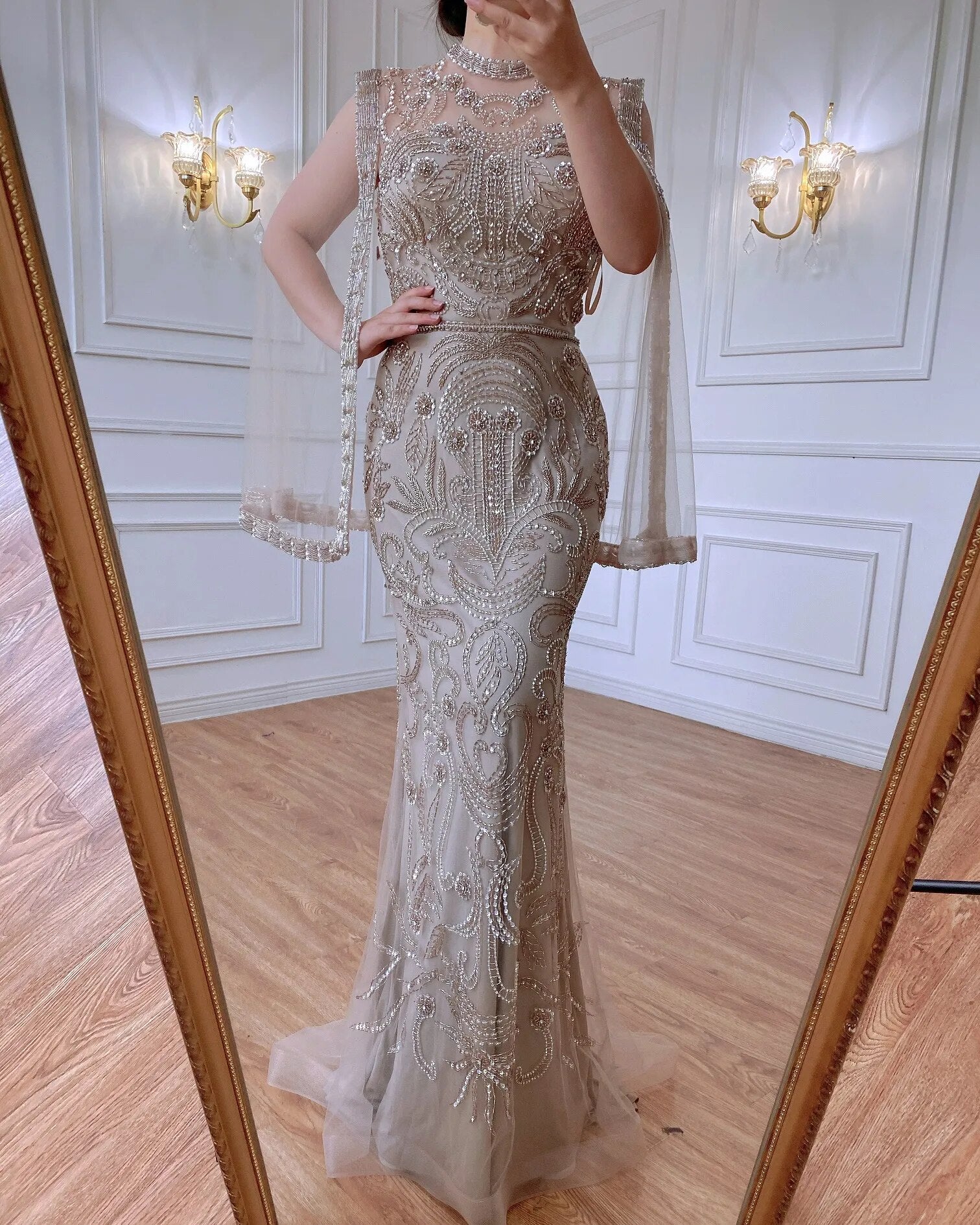 Serene Hill Luxury Grey Nude Mermaid Evening Dress with Cape - Elegant Beaded Gown for Women 2025 | Perfect for Prom, Wedding, and Red Carpet Events - LA71027