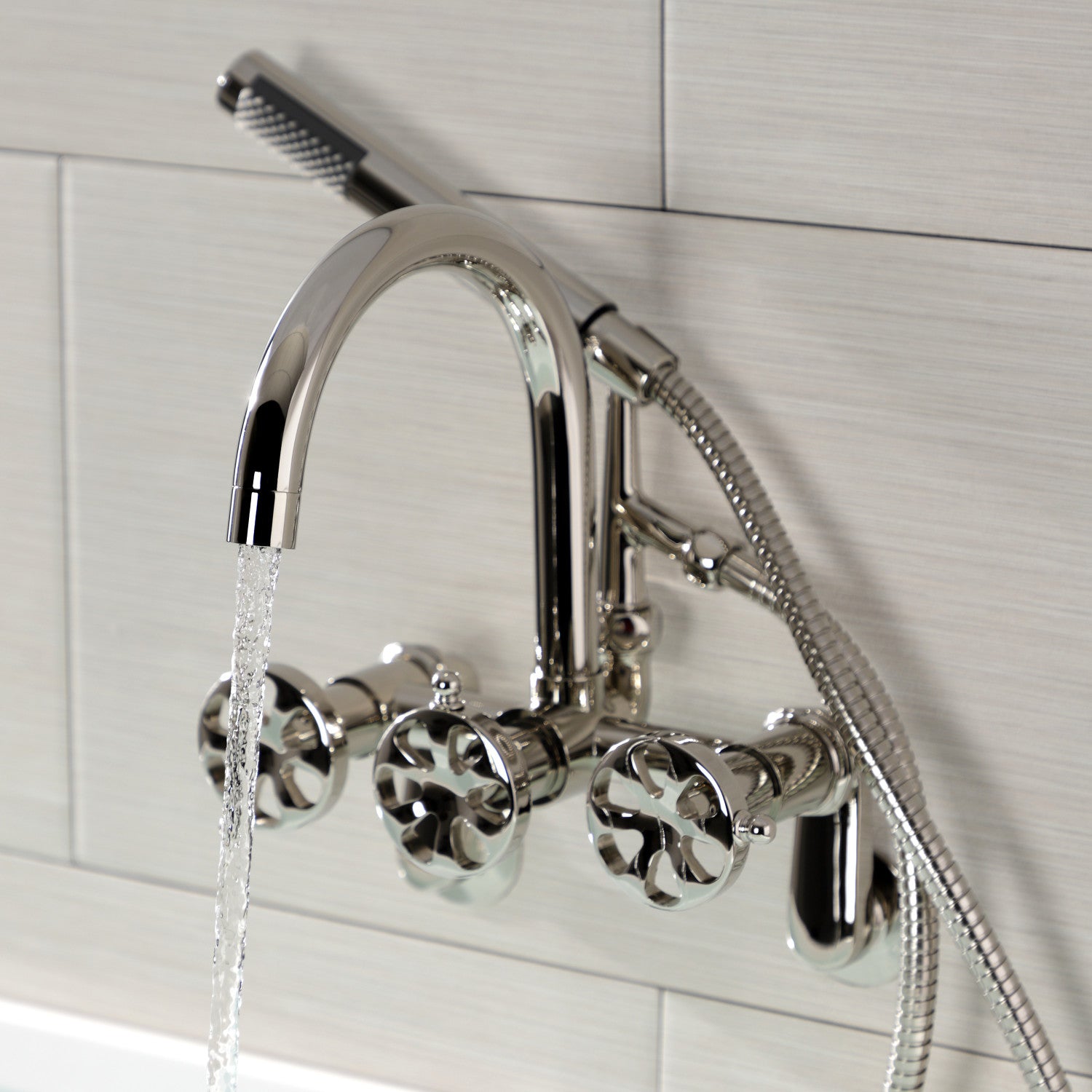 Belknap AE8156RX 3-Handle 2-Hole Wall Mount Clawfoot Bathtub Faucet with Hand Shower in Polished Nickel - Vintage Style Tub Fixture for Bathroom Renovation & Luxury Spa Experience