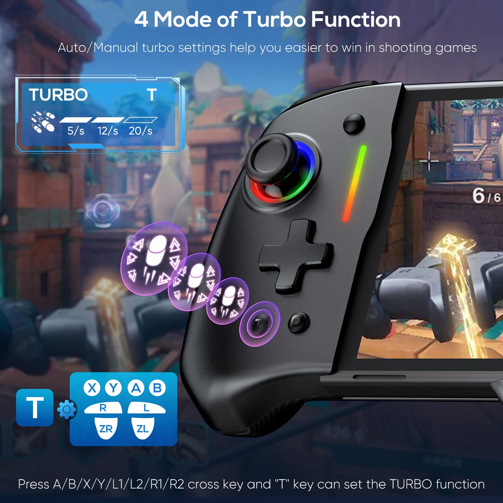 Wireless Pro Controller for Nintendo Switch/OLED - RGB Backlit Joy-Con with Adjustable Turbo, Dual Vibration Motors, Ergonomic Grip - Perfect for Gaming at Home or On-the-Go
