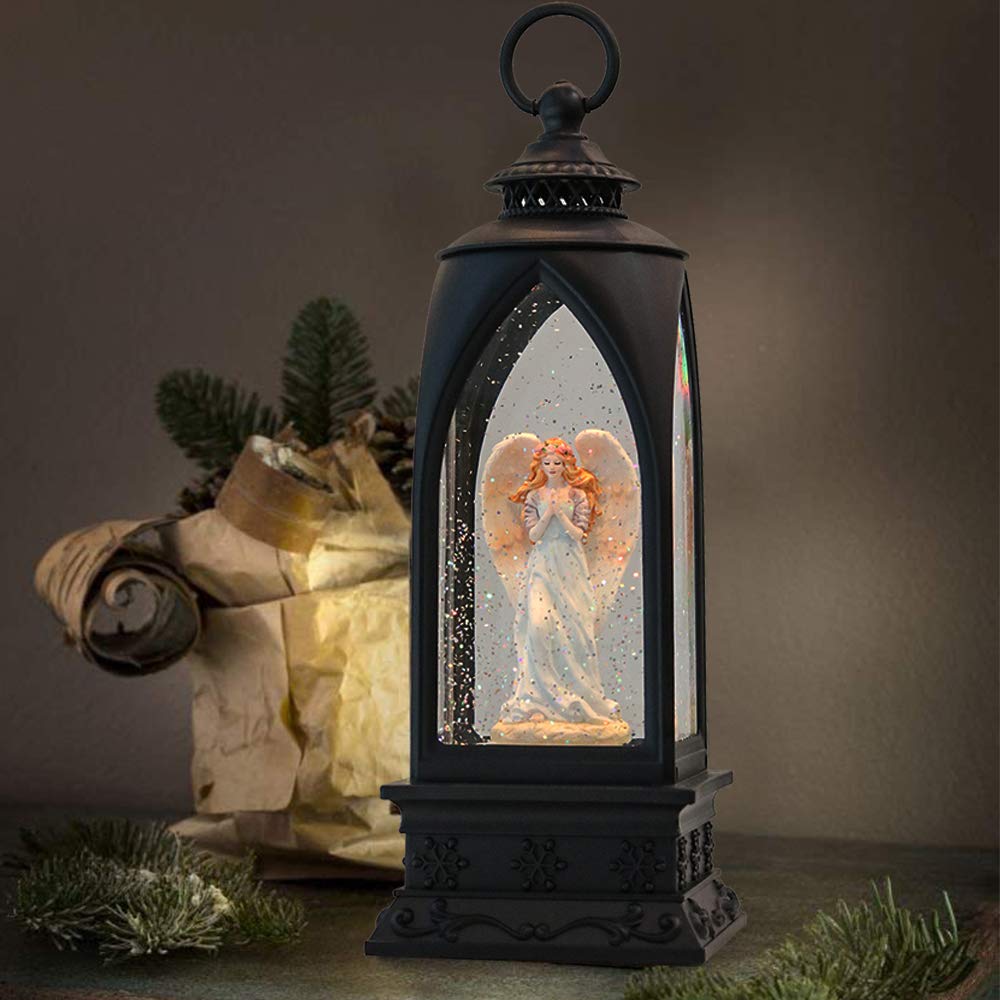 Eldnacele 12-Inch Musical Christmas Snow Globe Lantern with Angel Design, Timer & USB/Battery Power - Glittering Water Nativity Scene for Holiday Centerpiece, Home Decor, Party & Gift Giving