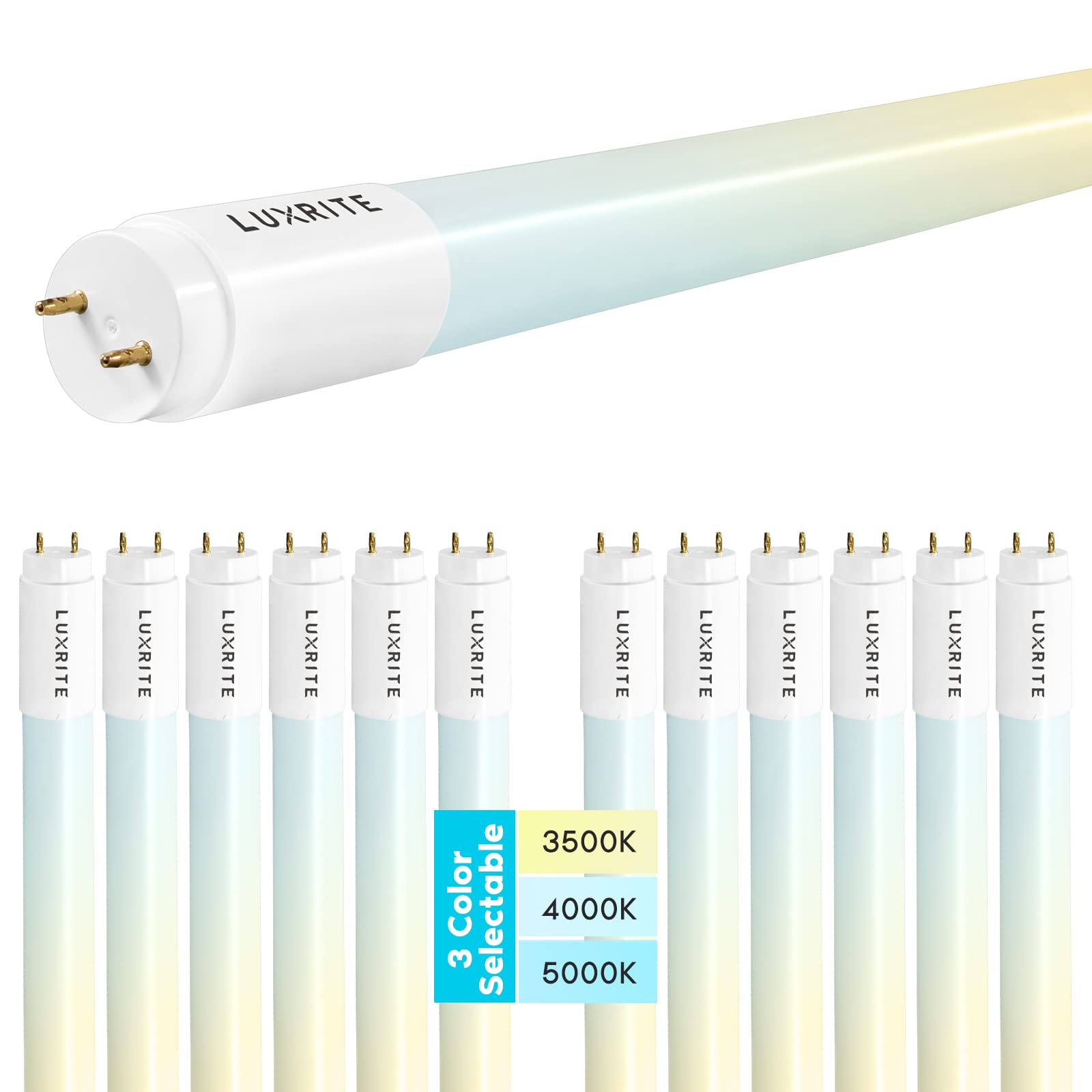 Luxrite 12-Pack 4FT T8 LED Tube Lights - Type A+B, 18W (Replaces 32W), 3500K/4000K/5000K Color Temperature, Single/Double End Powered, Plug & Play or Ballast Bypass, 2340 Lumens, Frosted Cover, UL & DLC Certified - Ideal for Offices, Warehouses, and Commercial Lighting