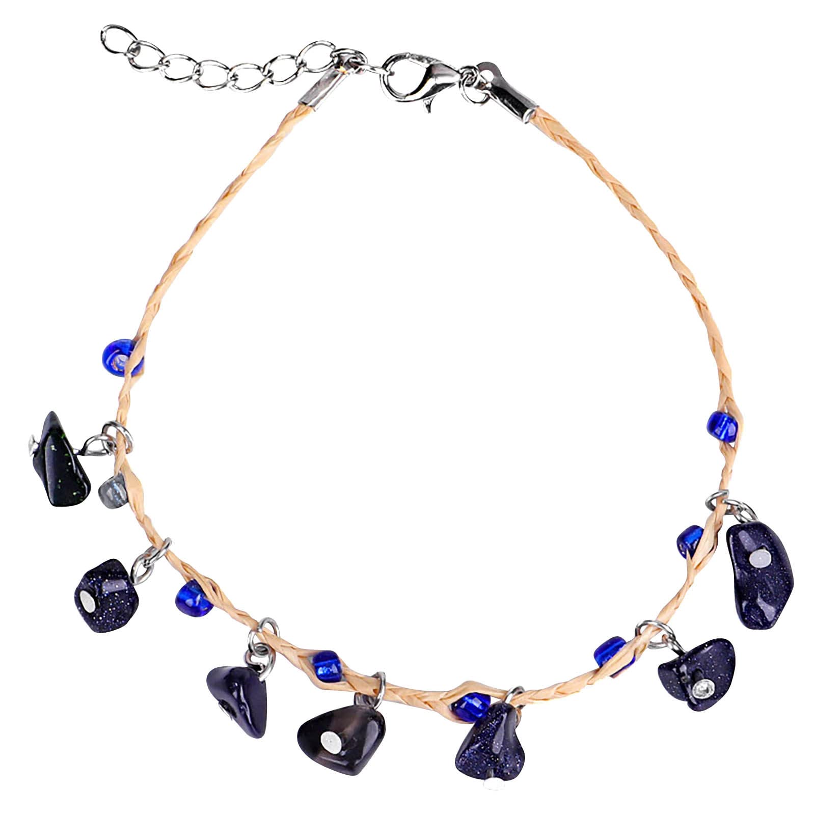 Johtae Linen Hemp Rope Bracelet with Wooden Beads - Handmade Tribal Ethnic Bracelet for Men & Women - Couple Matching Wristband & Anklet Set with Crushed Stone Charms - Perfect for Boho Fashion, Festivals, and Everyday Wear