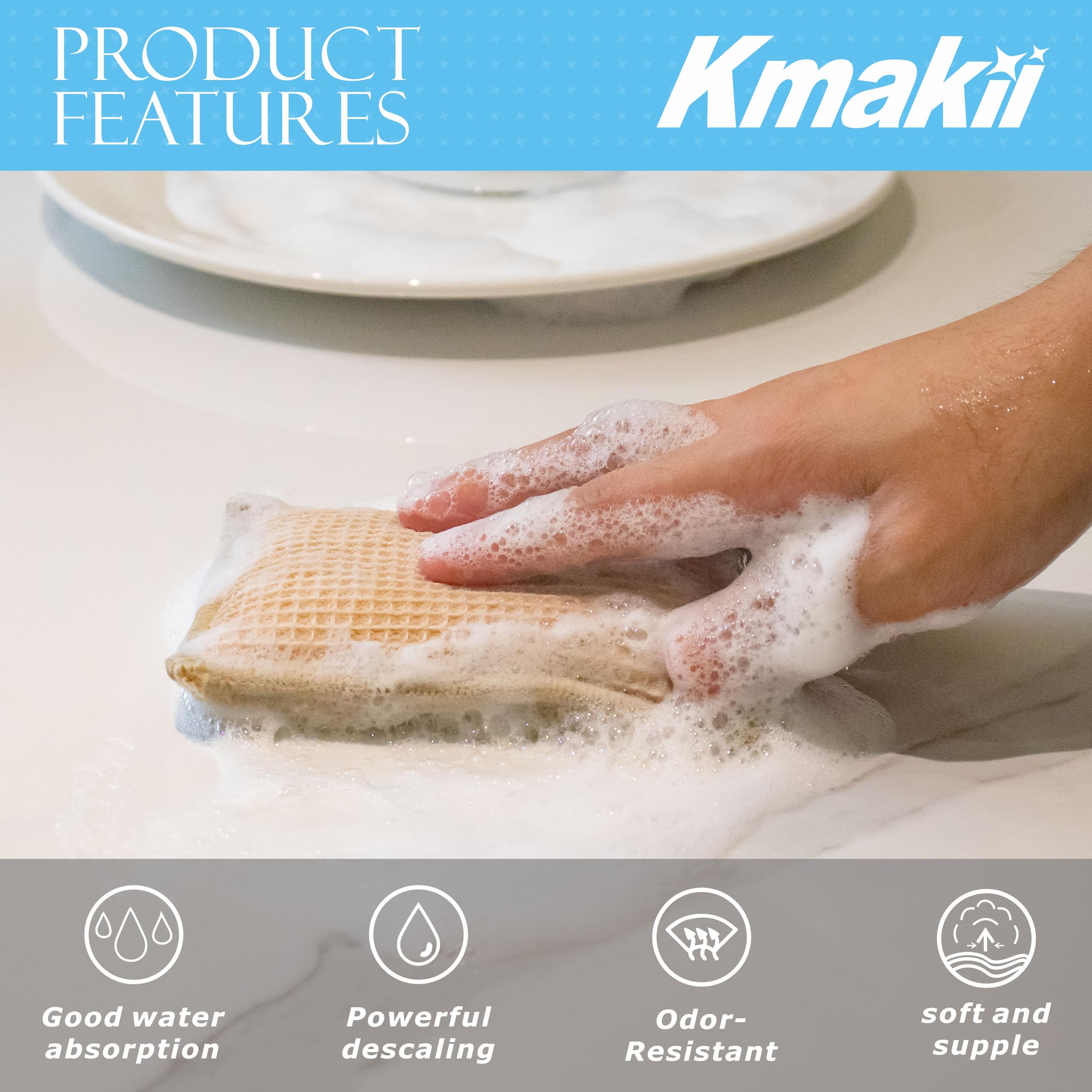 **KMAKII Natural Bamboo Kitchen Sponges – Eco-Friendly Dish Sponges for Cleaning, 6-Pack (Beige) – Perfect for Washing Dishes, Pots, and Countertops**