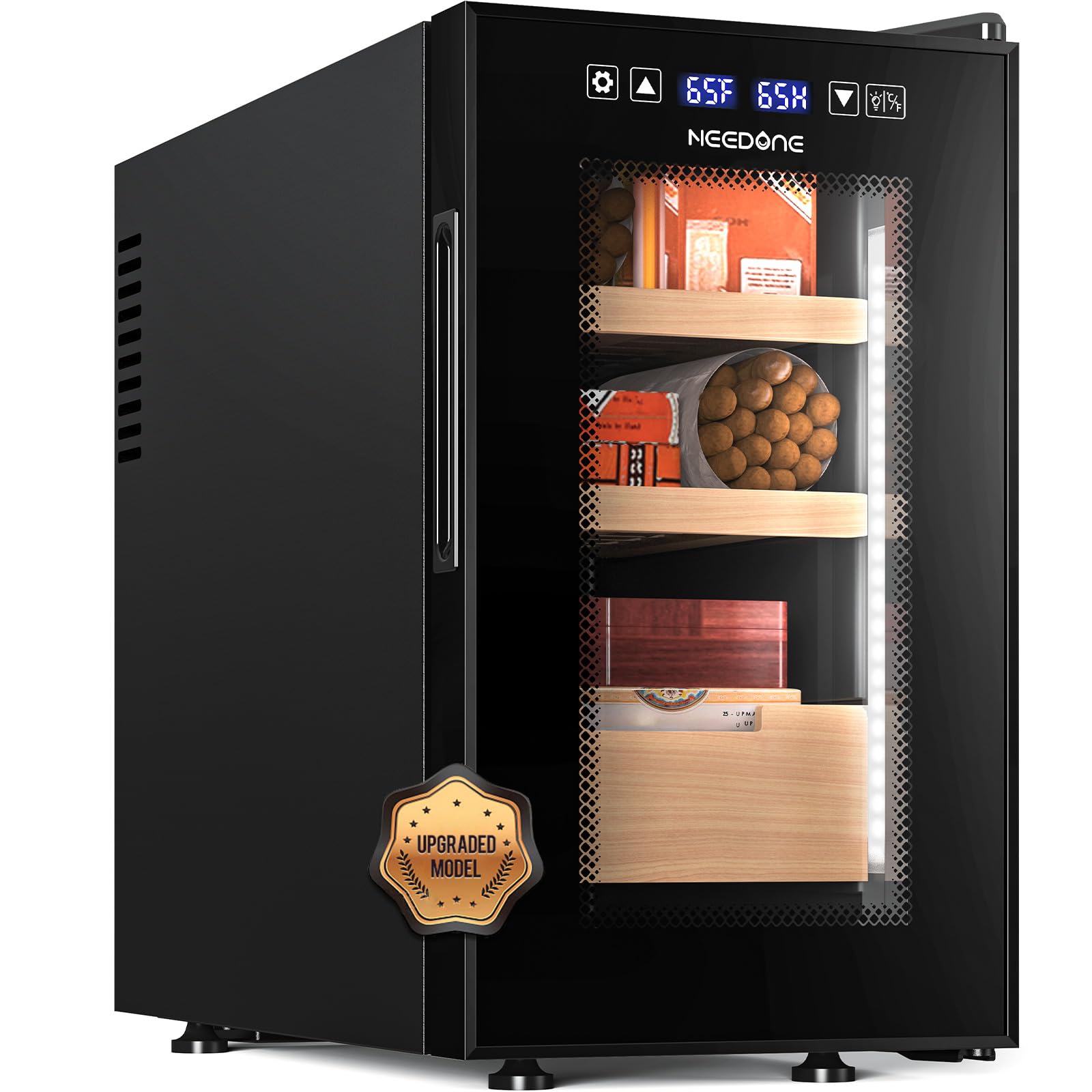 NEEDONE 23L Pro Cigar Humidor - Smart 2.0 Humidity & Temperature Control System, Electric Thermostatic Cabinet Holds 150 Cigars with Digital Hygrometer, Spanish Cedar Wood - Perfect for Home, Office & Man Cave - Ideal Gift for Men & Cigar Enthusiasts