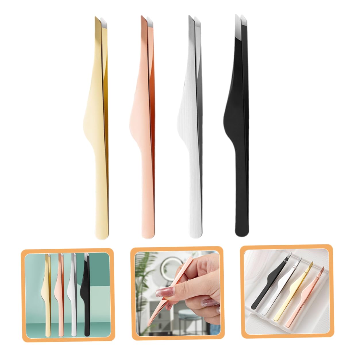 Healeved 4-Piece Eyelash Extension Tweezers Set - Slant Tip & Precision Eyebrow Tweezers for Professional Lash Application - Rose Gold Beauty Tools (Perfect for Salon, Home Use & DIY Lash Extensions)