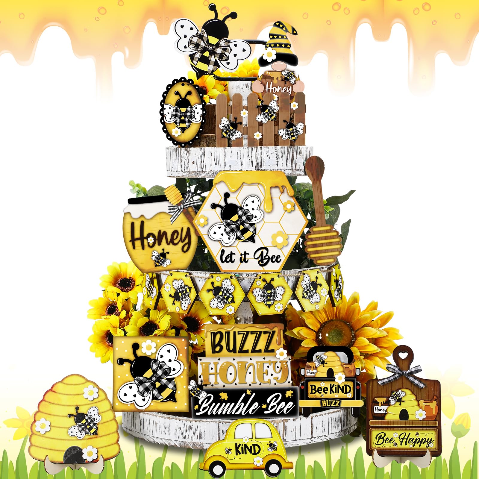 19 Pcs Bee-Themed Tiered Tray Decor Set - Rustic Honey Bee Wooden Signs, Yellow Gnome Hive Truck & Farmhouse Blocks - Sweet Summer Kitchen & Home Table Decorations for Farmhouse, Country Style Dining Room & Outdoor Picnic Parties