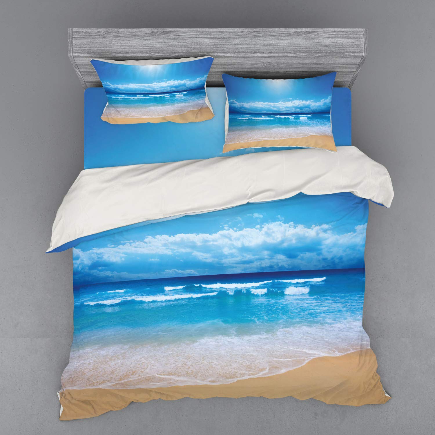 Ambesonne Beach Bedding Set - King Size 4-Piece Duvet Cover with Shams & Fitted Sheet, Seascape Digital Print in Sand Brown & Blue | Summer Coastal Theme Bedroom Decor for Beach House or Vacation Home