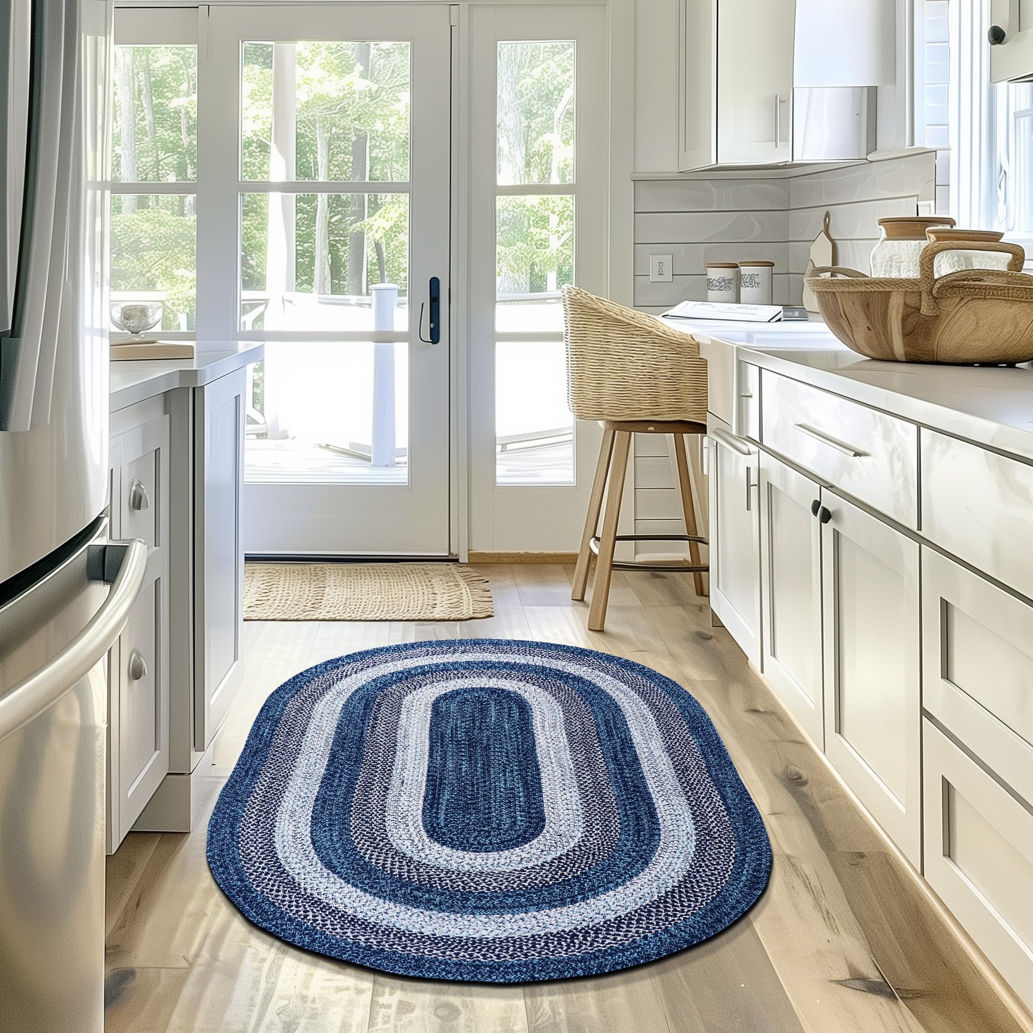 Washable Braided Oval Rug 4' x 6' - Rustic Aqua Blue/White/Black - Kitchen, Dining Room, Patio & Porch Floor Mat - Non-Slip Indoor Outdoor Area Rug for Home Decor