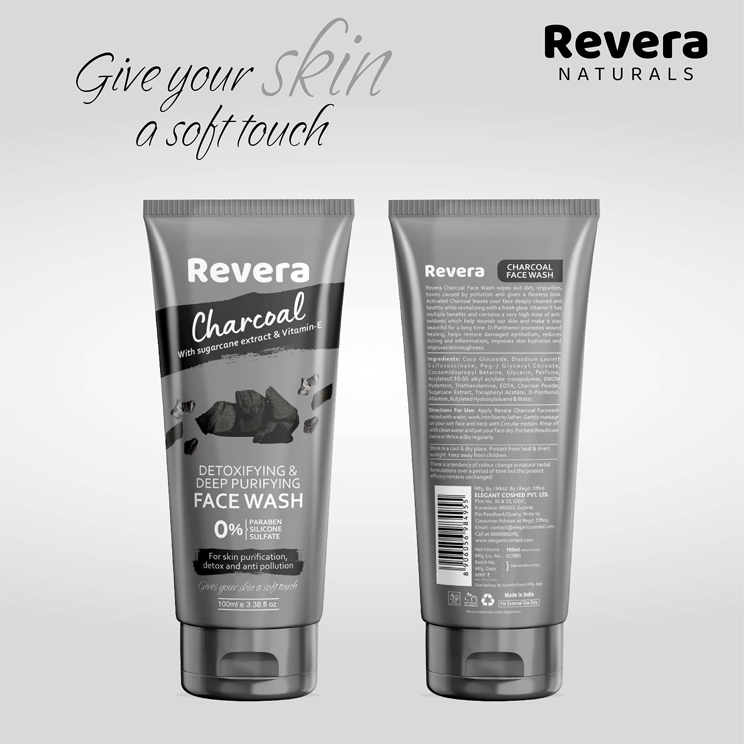 Revera Charcoal Face Wash with Sugarcane Extract & Vitamin E - Detoxifying, Deep Purifying & Skin Brightening for Men & Women | Sulfate-Free, Paraben-Free, Silicone-Free | 100ml | Ideal for Daily Cleansing & Pollution Protection