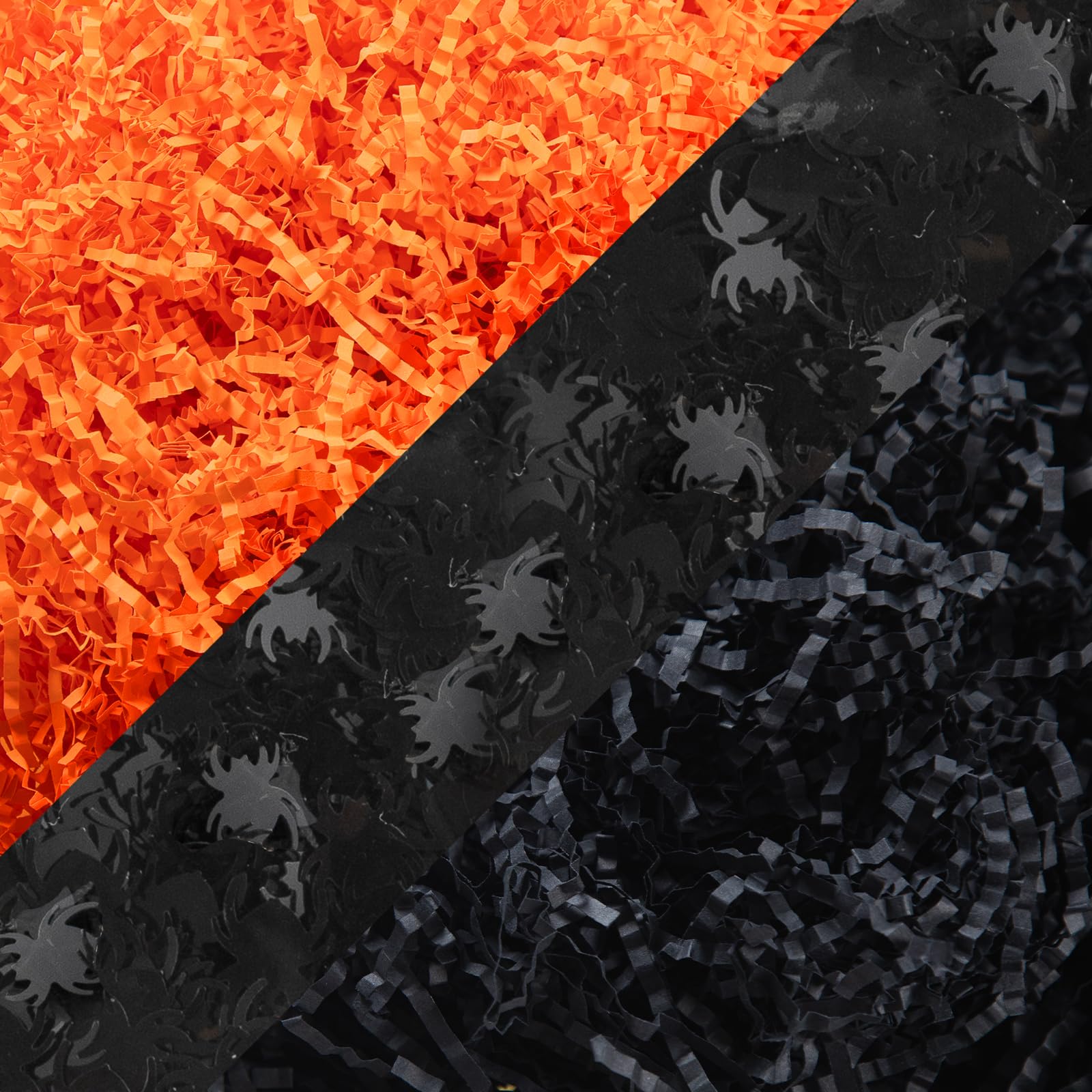 Jocomoni 1LB Halloween Crinkle Cut Paper Shred - Black & Orange Decorative Filler with Spider Confetti for Gift Wrapping, DIY Crafts, Party Decorations & Halloween Packaging Supplies | Perfect for Trick-or-Treat Bags, Table Scatters & Spooky Gift Box Filling