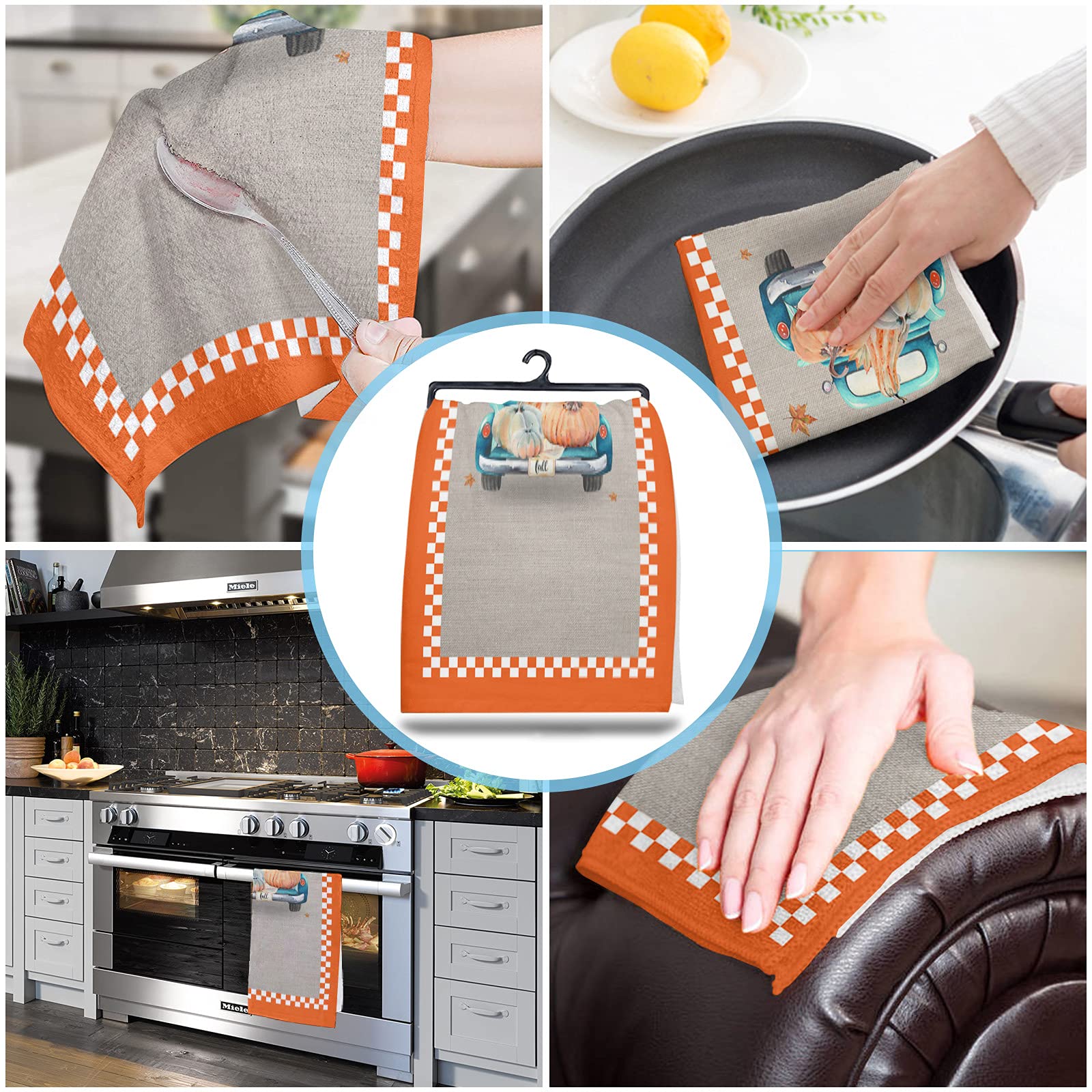Premium Absorbent Kitchen Dish Towels & Dishcloths Set - Blue Truck Pumpkin Thanksgiving Theme, 18x28 Inches, with Hanging Loop - Perfect for Home Cleaning, Drying Dishes & Holiday Decor (Orange White Plaid Checkered Pattern)