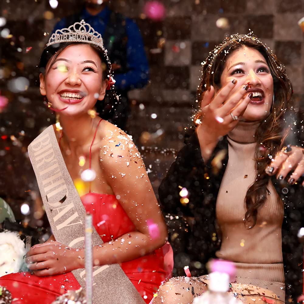 Sparkling Rose Gold Birthday Crown for Women - Rhinestone Tiara Headband with Sash for Birthday Girl, Princess Party Accessories | Perfect for Birthday Celebrations, Bachelorette Parties & Special Events