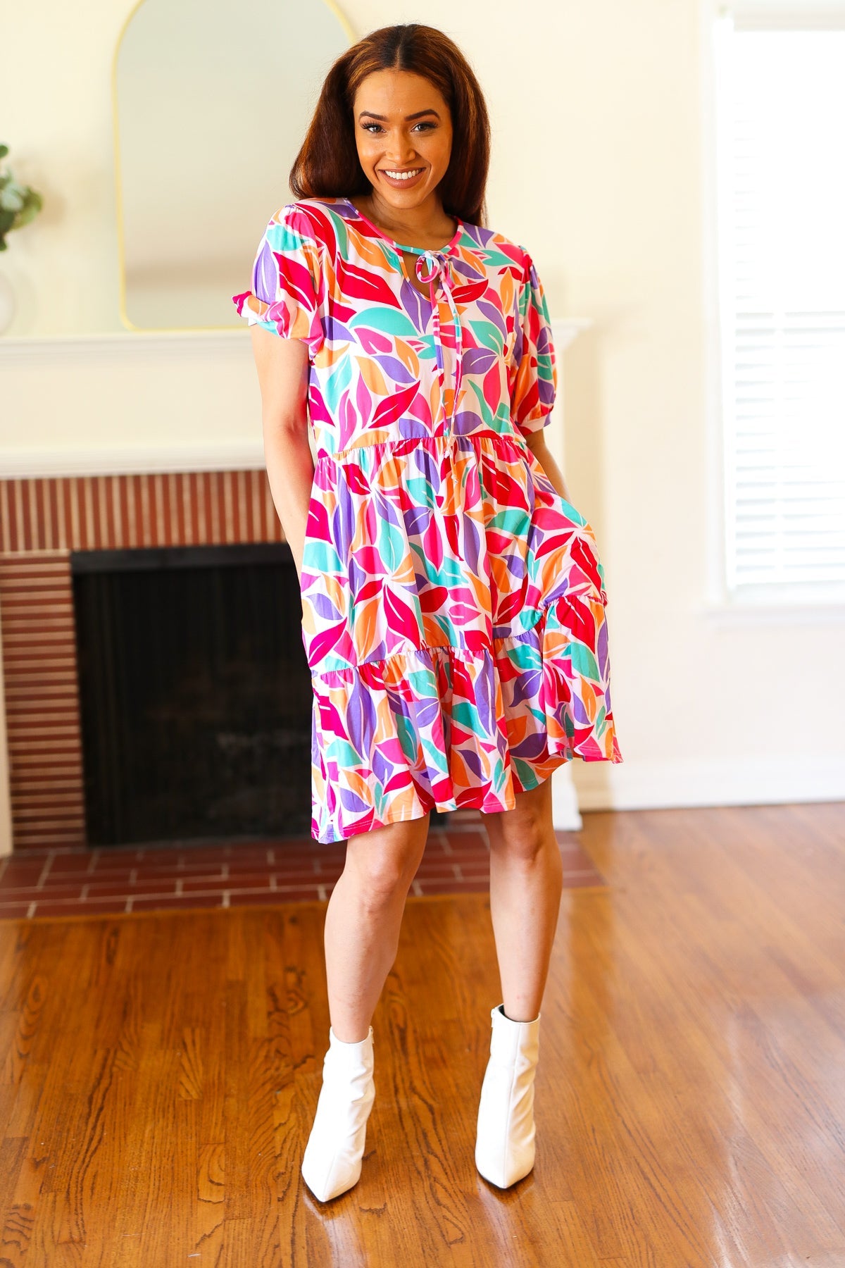 Multicolor Floral Tiered Front Tie Pocketed Dress - Comfortable & Stylish Women's Summer Dress for Casual Outings, Parties & Vacations