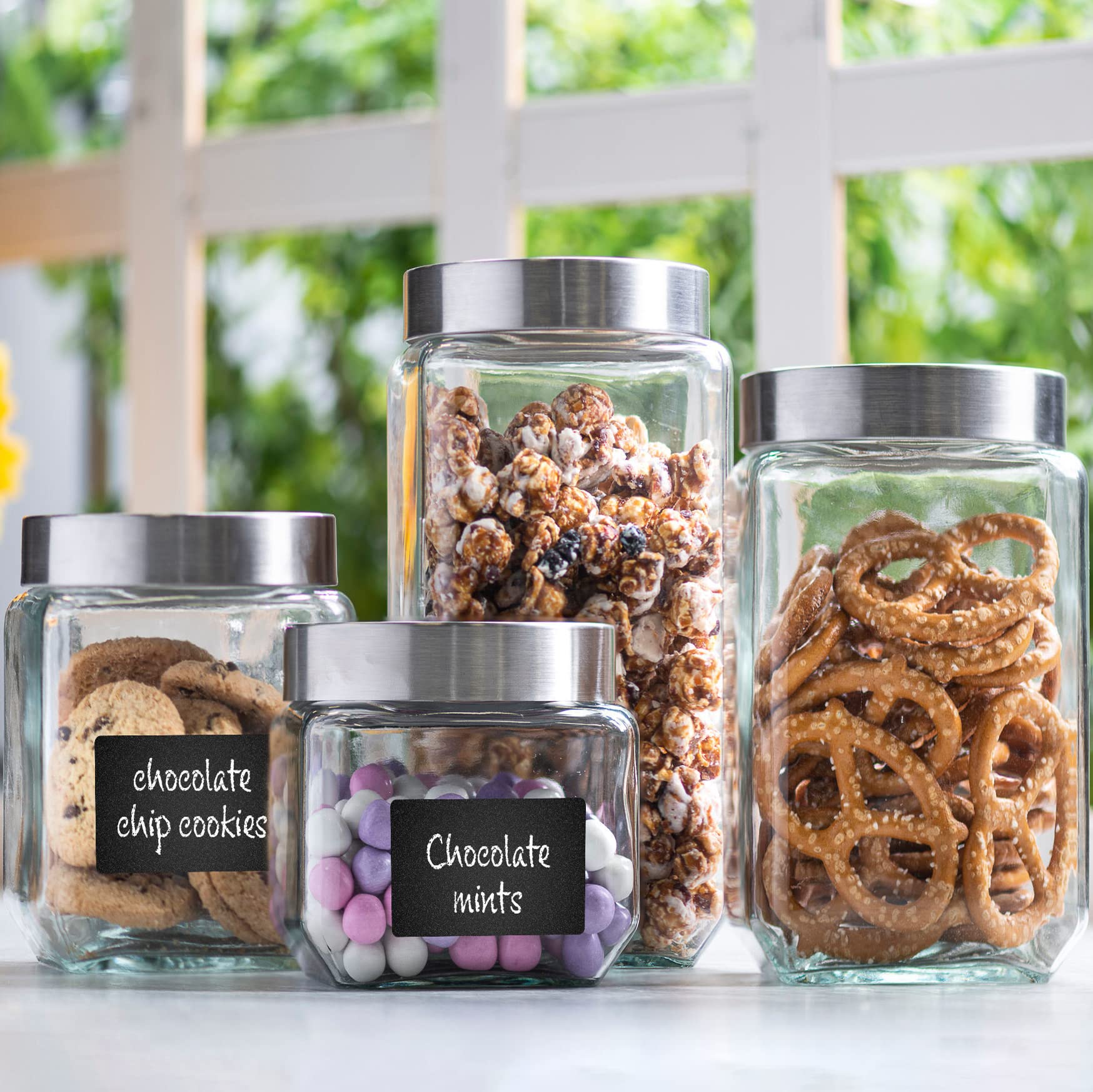 4-Piece Square Glass Cookie Jars with Airtight Lids - Includes Marker & Labels - Kitchen & Pantry Storage Containers for Flour, Sugar, Coffee, Cookies - Perfect for Countertop Organization & Bulk Food Storage - Ideal for Home Baking, Coffee Stations & Bathroom Storage