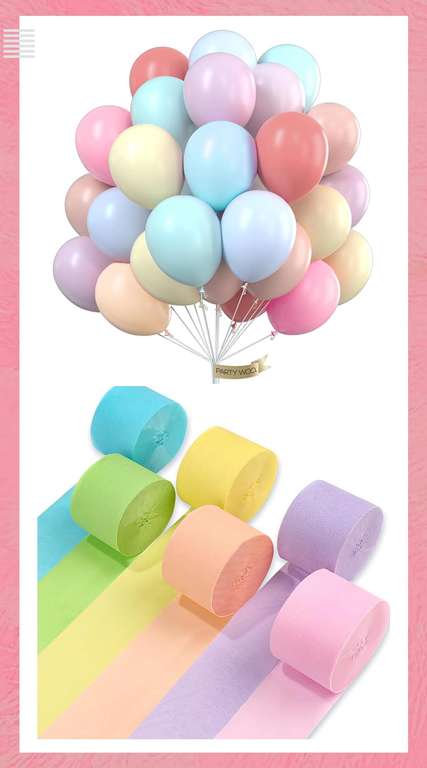 Pastel Crepe Paper Streamers 6 Rolls & 12 Inch Pastel Balloons 50 pcs - Colorful Party Decorations for Baby Showers, Birthday Parties & Wedding Decor