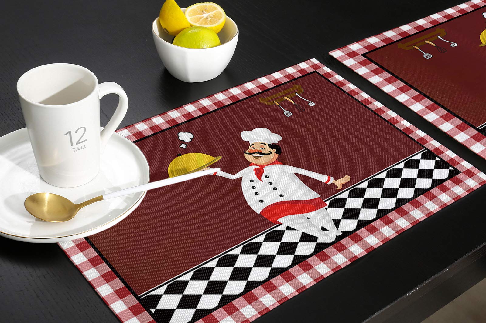 6-Pack Round Non-Slip Heat Resistant Washable Kitchen Table Placemats - Cartoon Chef Buffalo Plaid Design for Dining Room, Perfect for Family Meals, Kids Parties & Holiday Gatherings