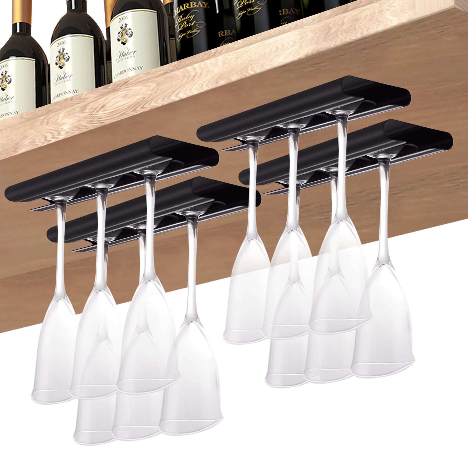 Premium Under Cabinet Wine Glass Rack 4-Pack - Durable Aluminum Stemware Holder for Kitchen & Bar - Space-Saving Hanging Wine Glass Organizer (Black) - Perfect for Home Entertaining & Wine Storage