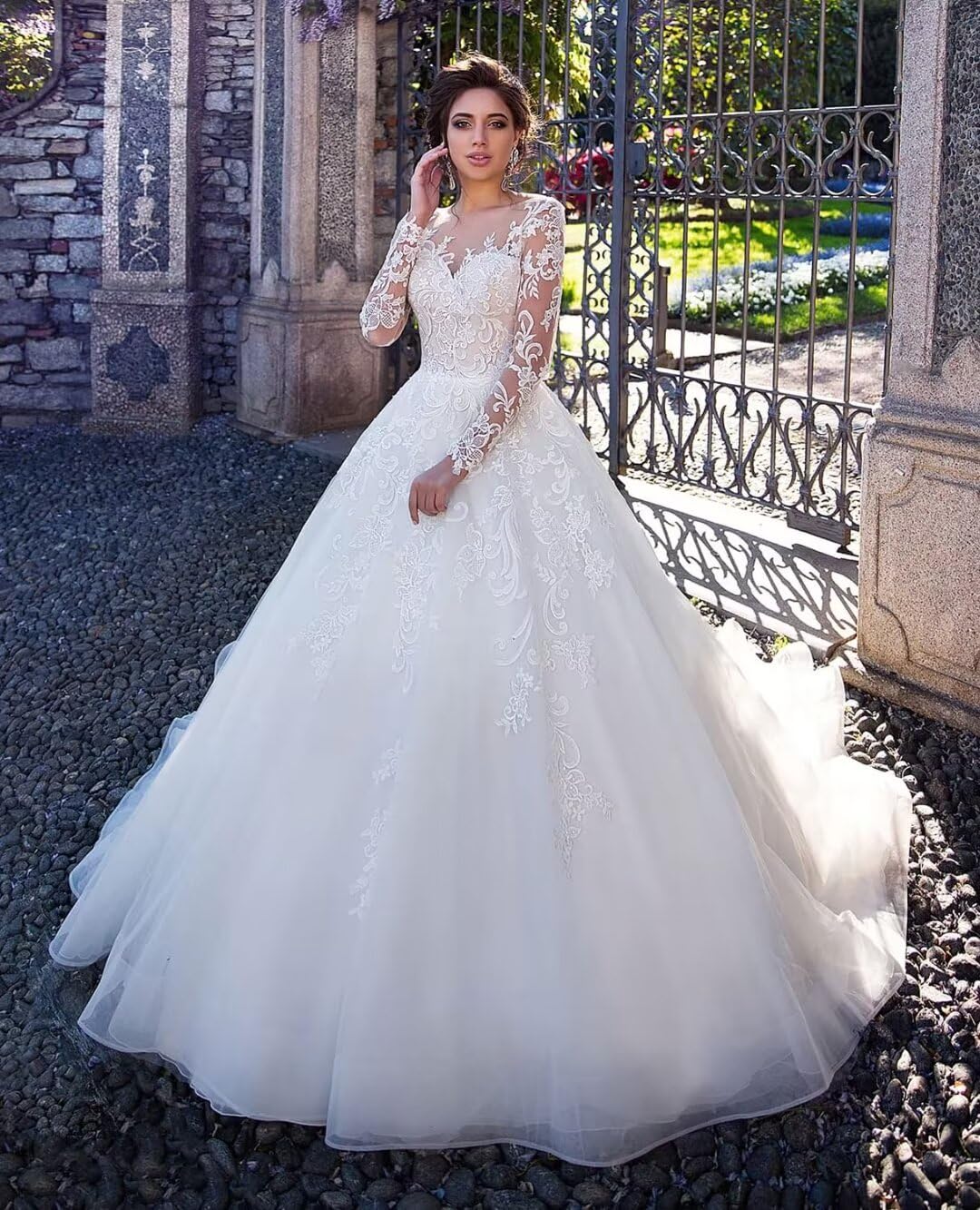 Elegant Long Sleeve Lace Wedding Dress for Bride - Boho A-Line Beaded Maxi Gown with Applique Details | Perfect for Beach, Garden & Vintage Theme Weddings
