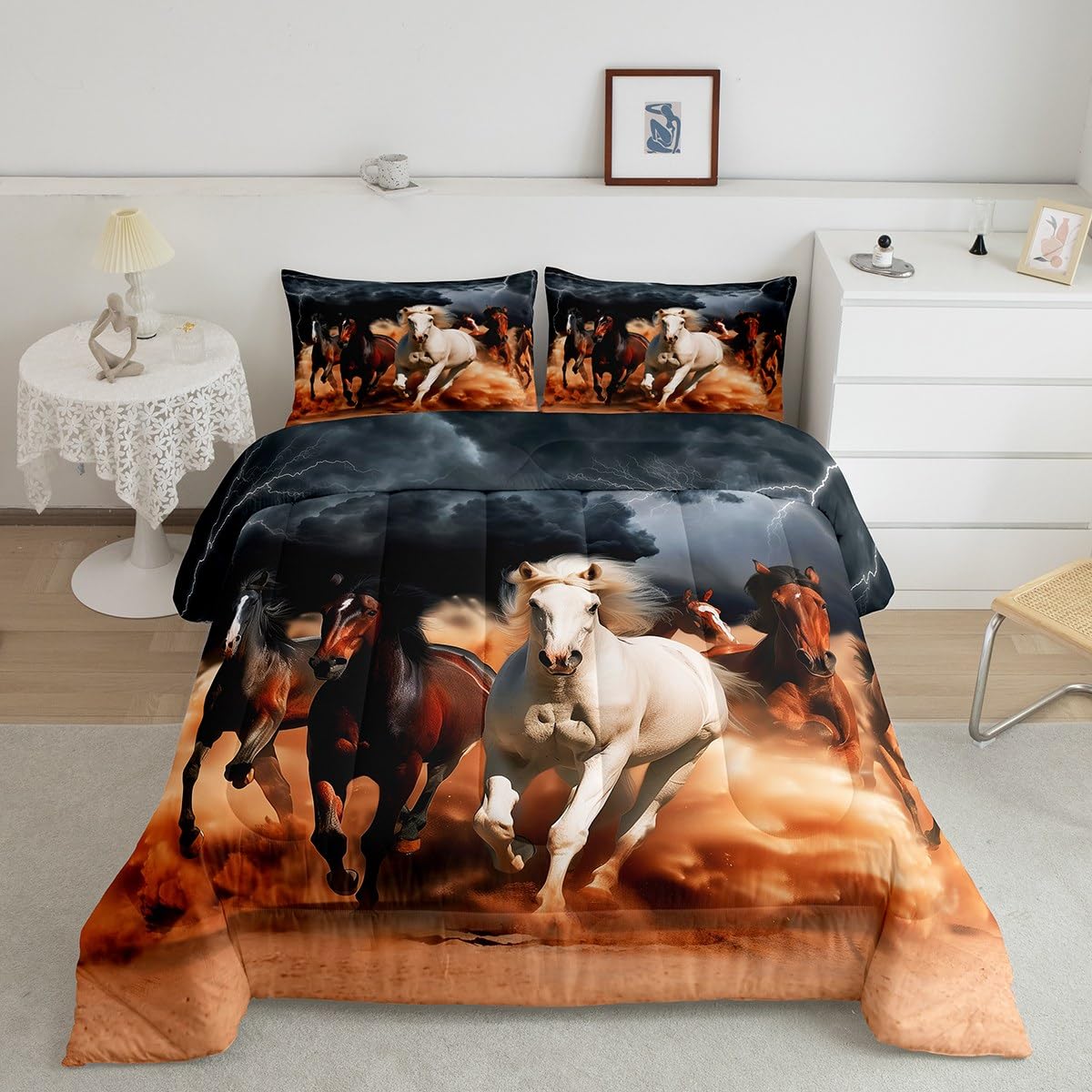 Erosebridal 3D Wild Horse Comforter Set - Twin Size Western Farmhouse Theme Duvet Cover with African Wild Horses & Lightning Print - Perfect for Boys & Teens Bedroom Decor | Ideal for Cowboy, Ranch, or Safari Themed Rooms
