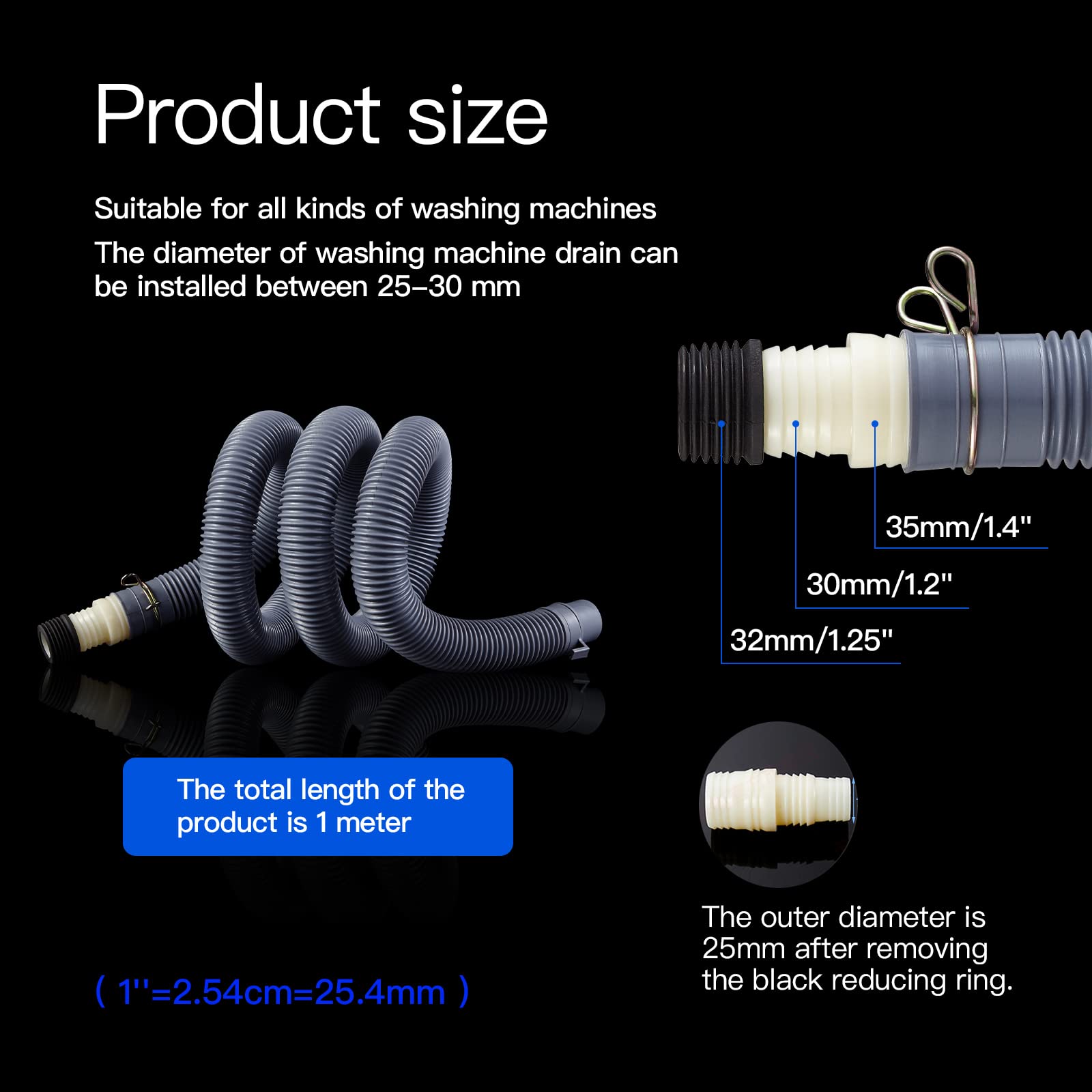Universal Dishwasher & Washing Machine Drain Hose Extension Kit - 3.2ft Gray EVA Material with Fixing Clip & Adapter - Perfect for Kitchen, Laundry Room & RV Use