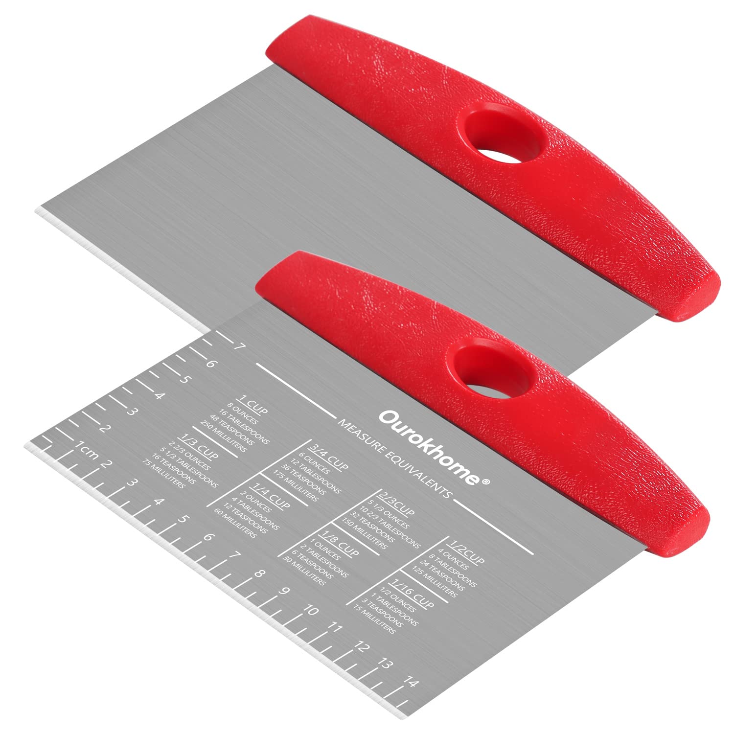 Ourokhome Stainless Steel Dough Scraper & Pizza Cutter - 2 Pack Red Kitchen Baking Tools with Laser-Engraved Measuring Scale & Conversion Chart | Dishwasher Safe, Durable for Pastry Making, Pizza Cutting & Bread Baking | Perfect for Home Bakers & Professional Chefs