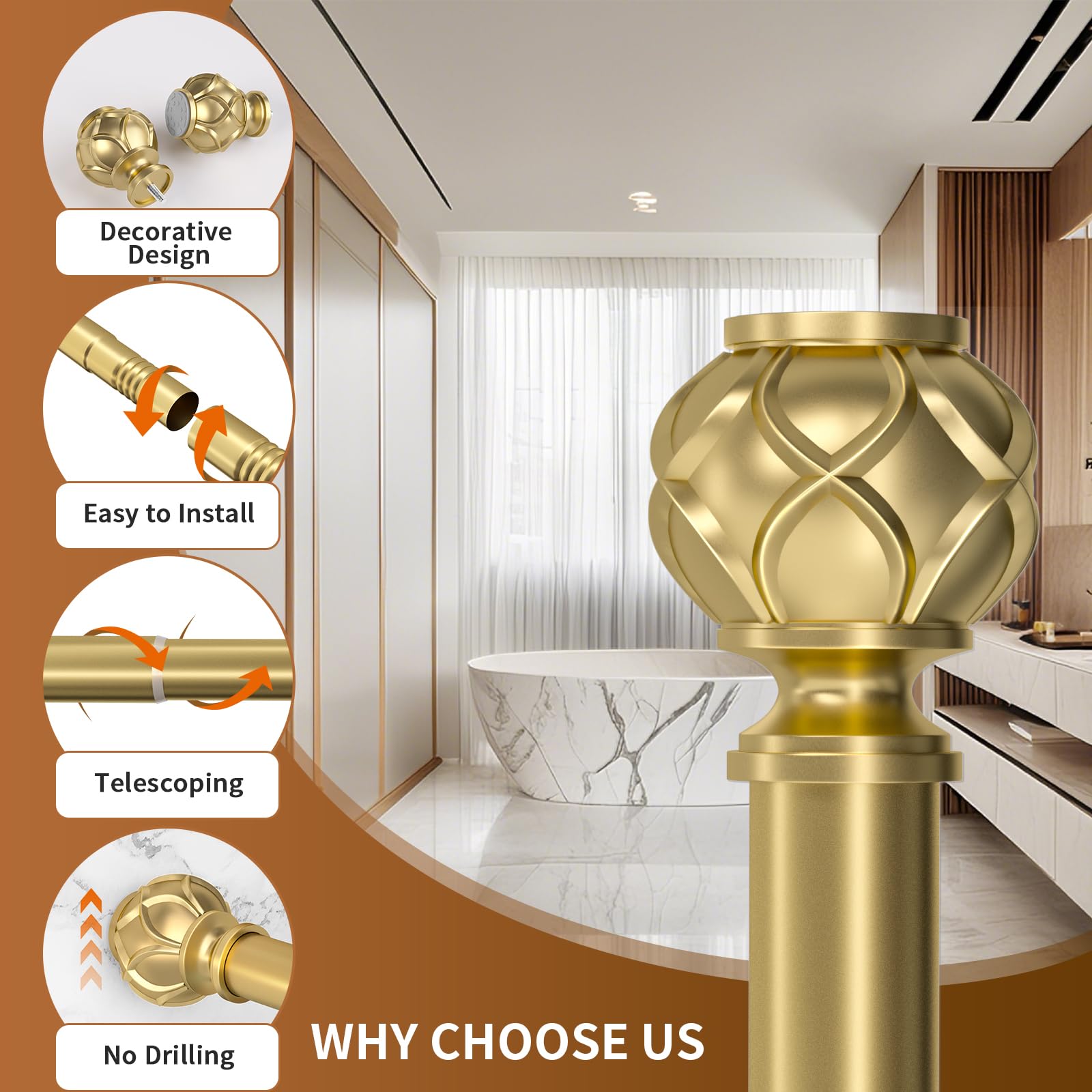Adjustable Gold Tension Shower Curtain Rod 36-84 Inches (3-7 Feet) - No Drill Rustproof Bathroom Shower Rod with Spring Tension & Non-Slip Grip - Perfect for Small Spaces, Apartments, and Rental Homes