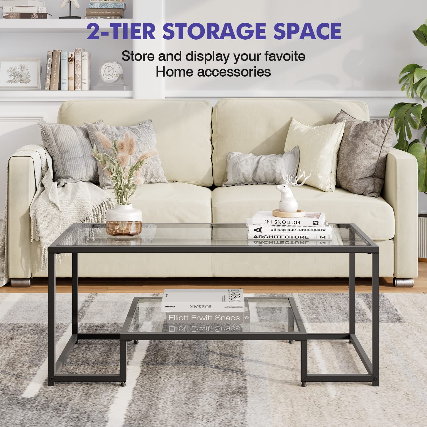 NAFORT 45 Inch Gold Rectangular Tempered Glass Coffee Table with Lower Storage Shelf - Modern Living Room Center Table for Home Decor (Black) | Perfect for Small Spaces, Apartments & Contemporary Interiors