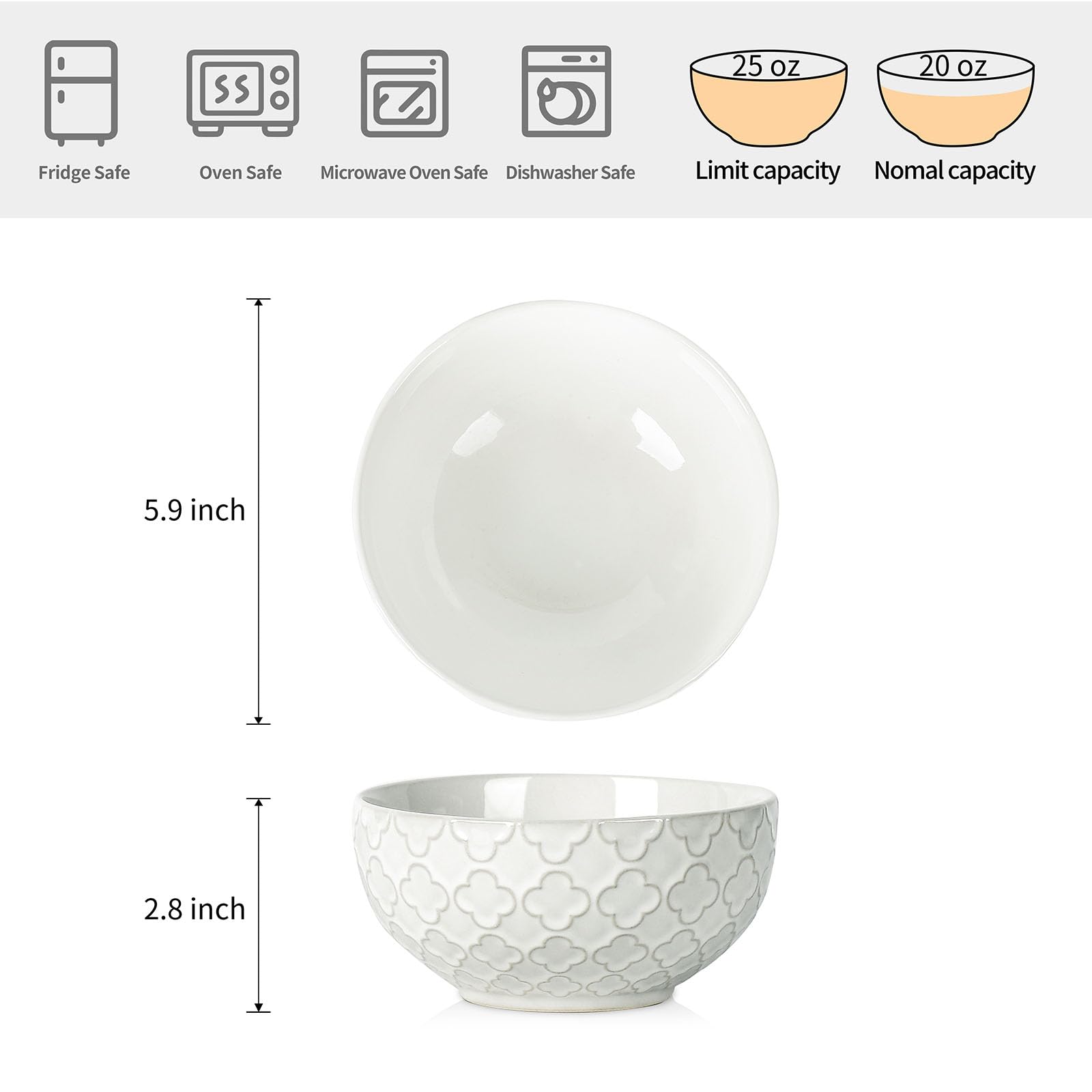 Sureasy 20oz Ceramic Cereal Bowls Set of 4 - 5.9 Inch Deep Soup Bowls for Pasta, Salad, Oatmeal, Noodles & Ramen - Microwave & Dishwasher Safe White Porcelain Embossed Bowls - Perfect for Family Dinners, Breakfast, Meal Prep & Restaurant Use