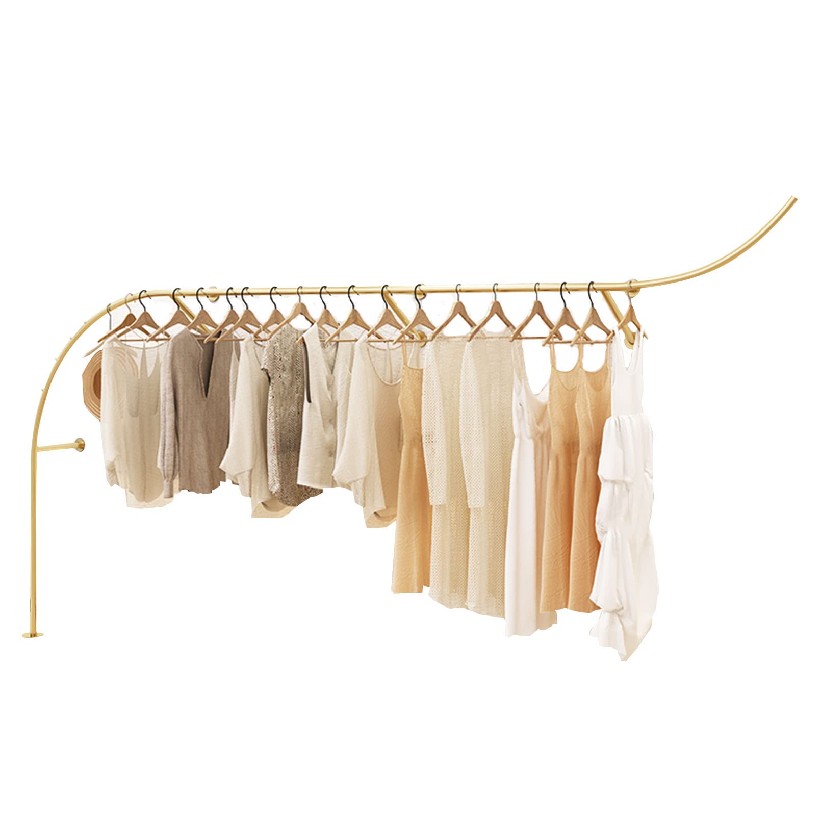 Gold Industrial Pipe Wall-Mounted Clothing Rack - Modern Boutique Display Shelf with 250cm Closet Rod for Home Cloakroom & Retail Store Organization | Perfect for Bedroom, Walk-In Closet, and Storefront Garment Display