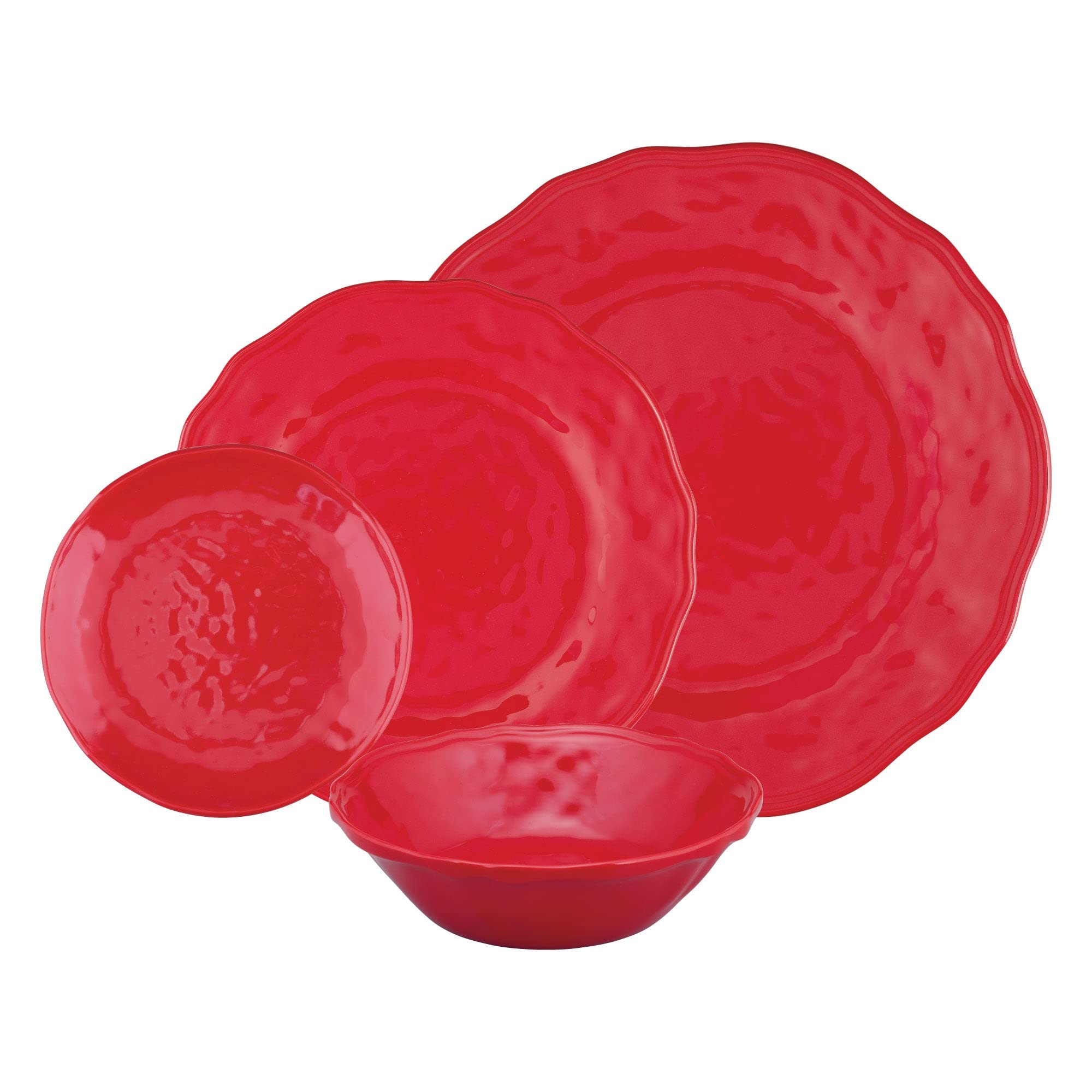 UPware 16-Piece Melamine Dinnerware Set - 4 Dinner Plates, 4 Salad Bowls, 4 Dessert Bowls & 4 Cups - Shatterproof & Lightweight for Outdoor Dining, Picnics, Camping & Everyday Use (Holiday Red)
