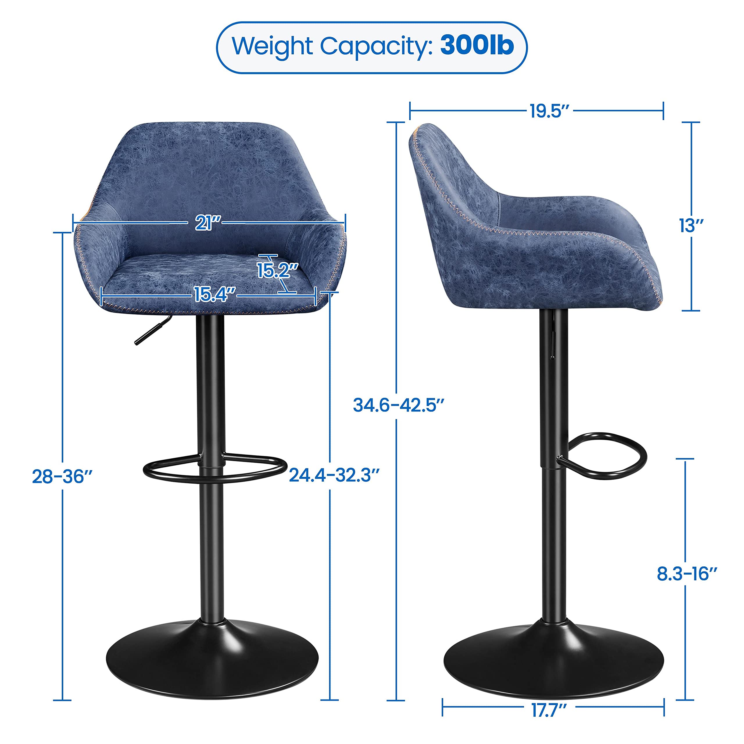 Yaheetech 4-Pack Adjustable Swivel Bar Stools with PU Leather Seat, Backrest & Footrest - Counter Height Kitchen Island Stools for Home, Restaurant & Bar - Modern Blue Bar Chairs for Dining & Entertaining