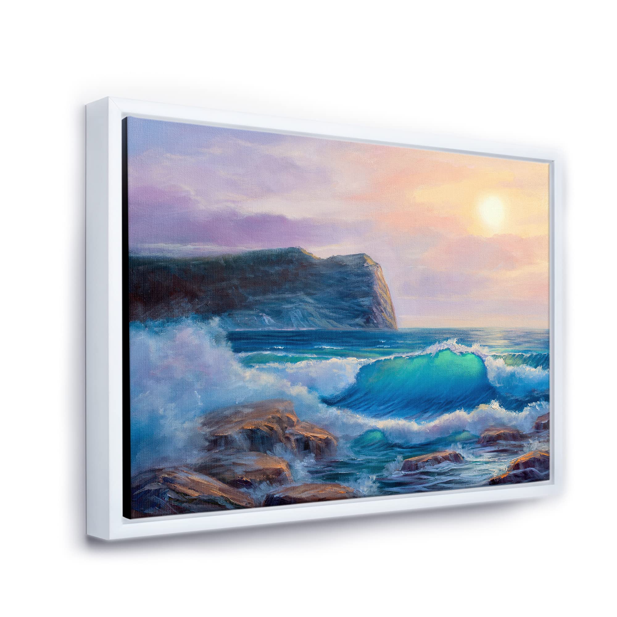 DesignQ Blue Waves Breaking At The Beach III - Coastal Framed Canvas Wall Art Print for Living Room, Bedroom & Office Decor | Nautical Home Decor | Ocean Themed Wall Art