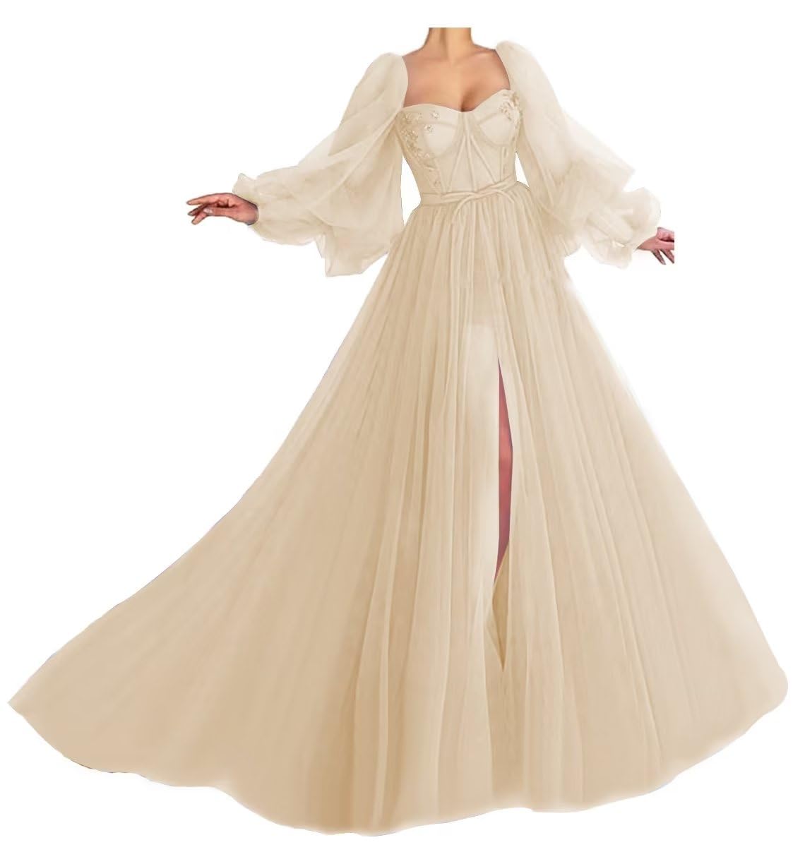 Elegant Champagne Tulle Prom Dress with Long Sleeves & Corset - Women's Puffy Ball Gown Princess Dress for Formal Events, Weddings & Special Occasions