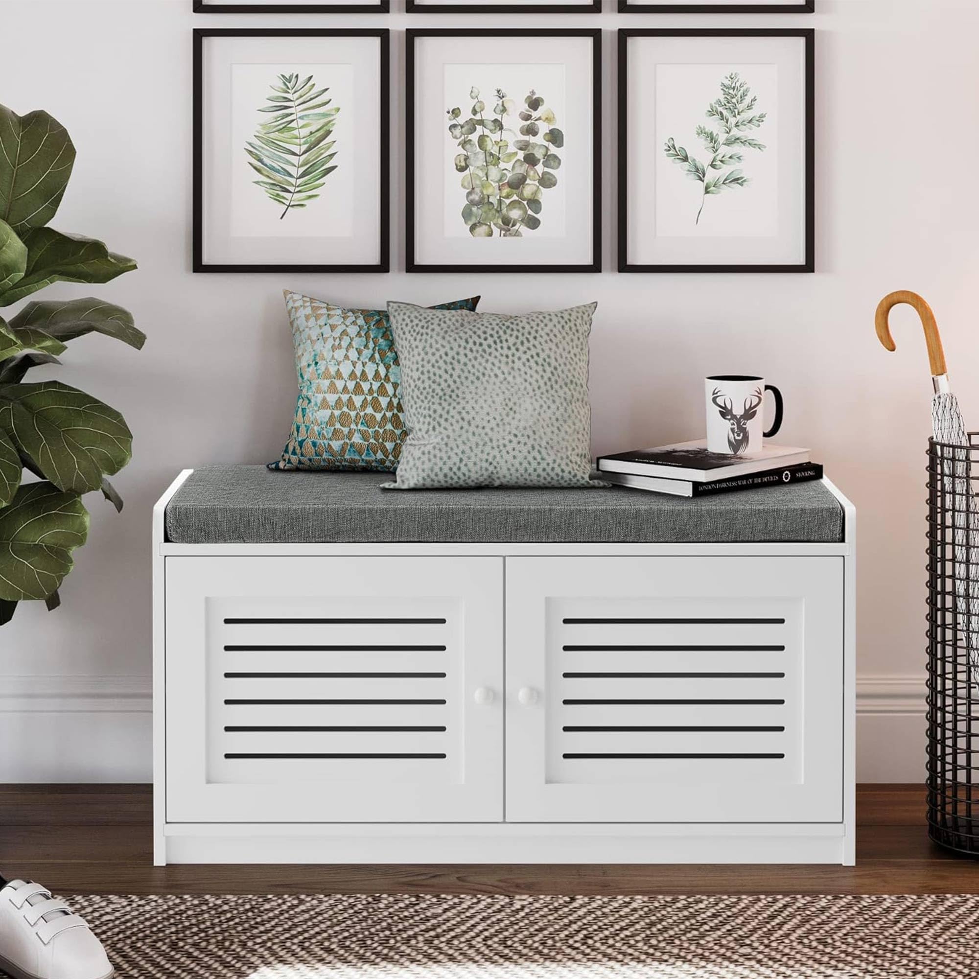 White Wooden Shoe Storage Bench with Cushioned Seat & Adjustable Shelves - 2 Pack Entryway Organizer for Living Room, Bedroom, Hallway (Perfect for Small Space Organization & Shoe Display)