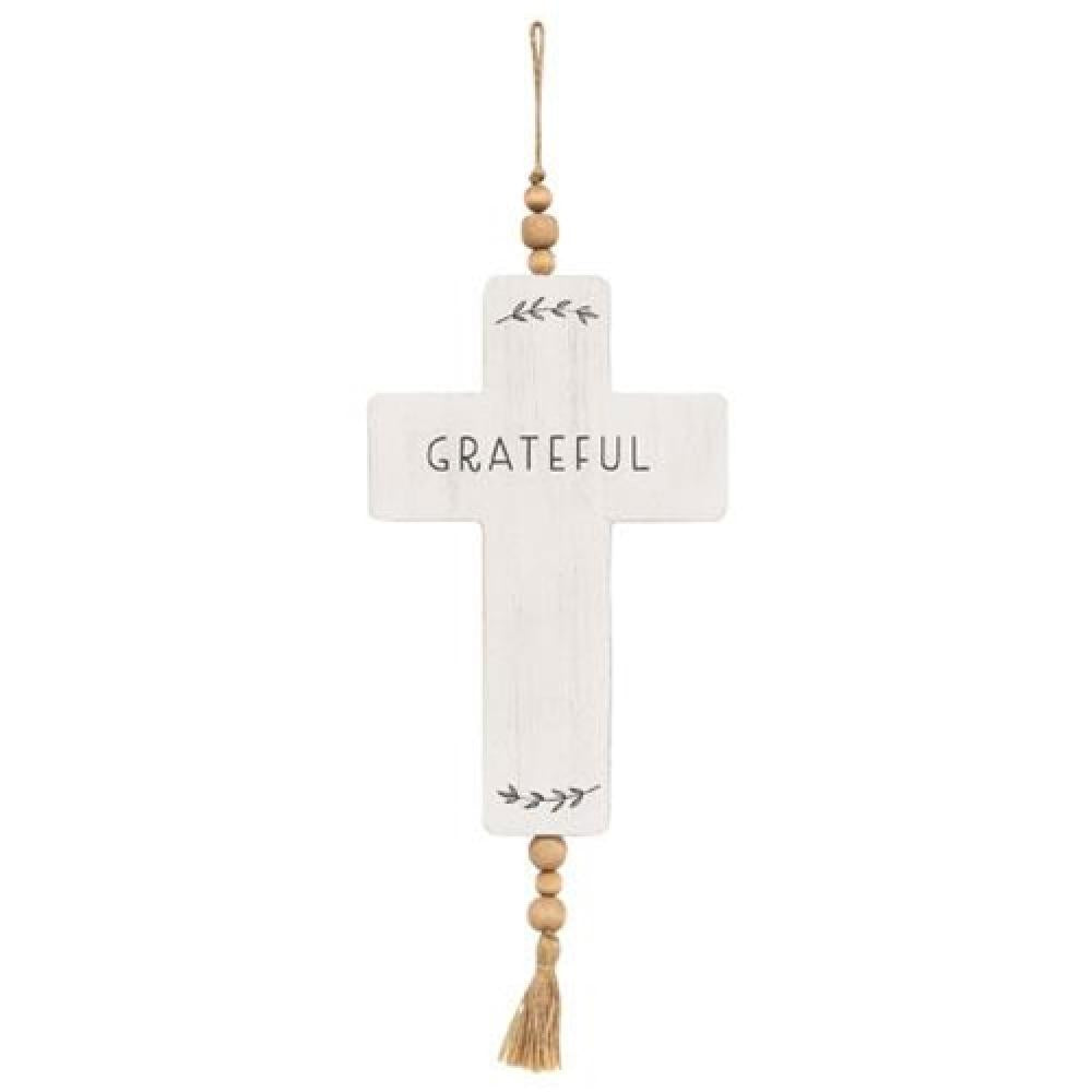 Grateful Cross Wood Ornament with Beads & Tassel - Handmade Christian Home Decor for Wall Hanging, Christmas Tree, Gift Giving & Prayer Room Decoration