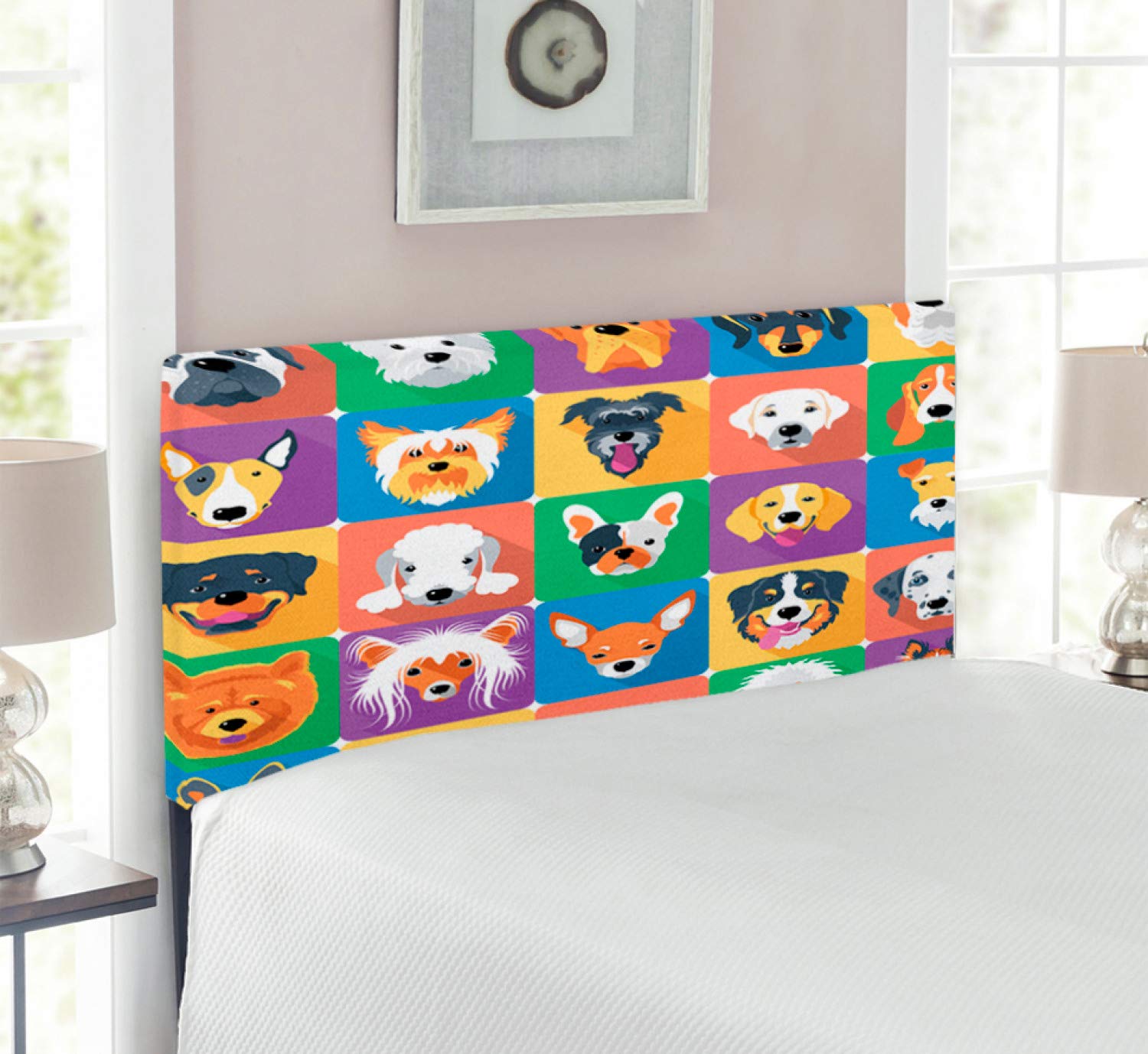 Ambesonne Dog Headboard - Upholstered Decorative Metal Bed Frame with Memory Foam | Twin Size | Purple & Green | Dog Breeds Illustration (Shepherd, Terrier, Labrador) | Perfect for Pet Lovers' Bedroom Decor & Kids Room Theme