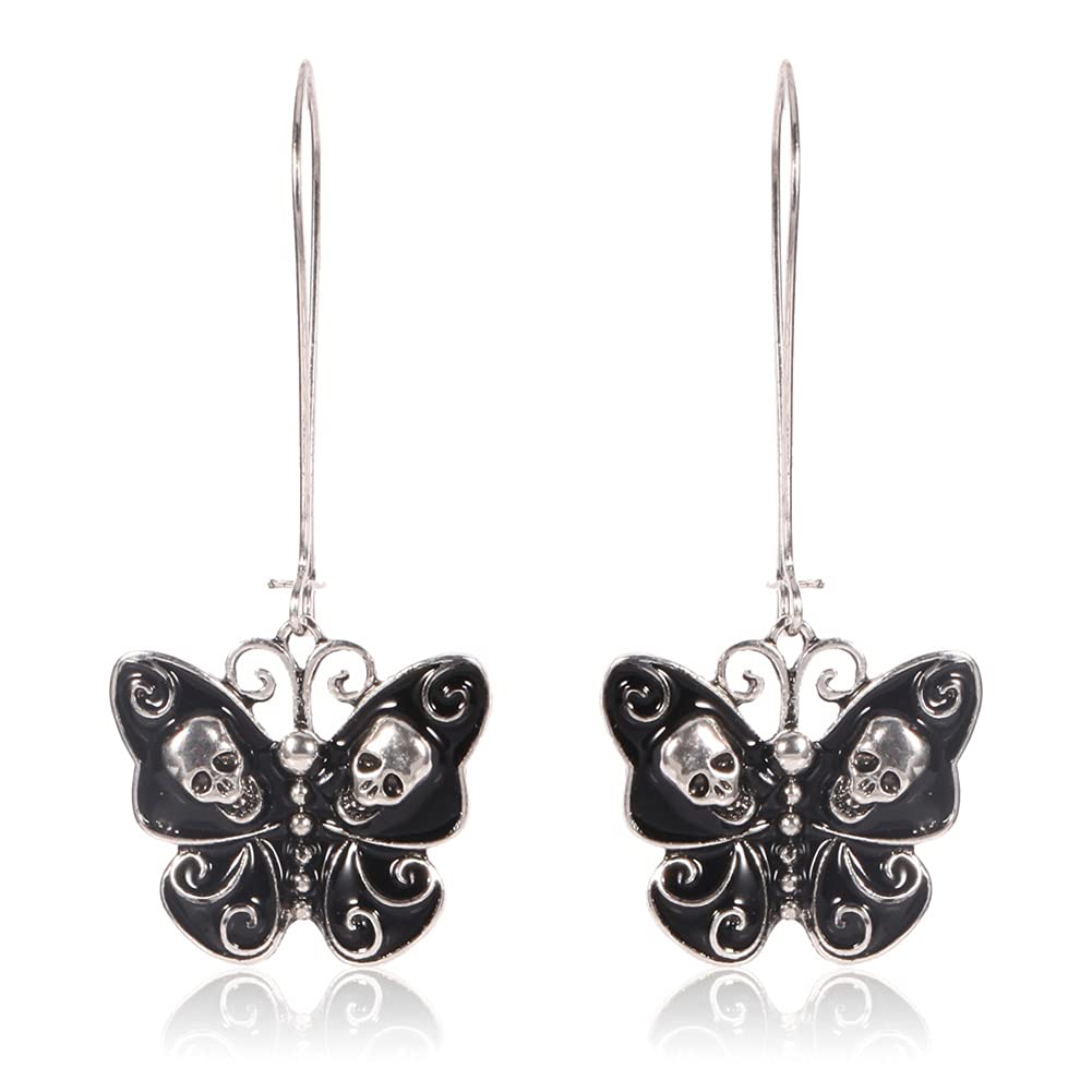 Vintage Black Butterfly Skull Drop Earrings for Women - Gothic Boho Dangle Jewelry, Unique Halloween Accessories & Fashion Gift for Girls | Perfect for Costume Parties, Concerts and Trendy Outfits