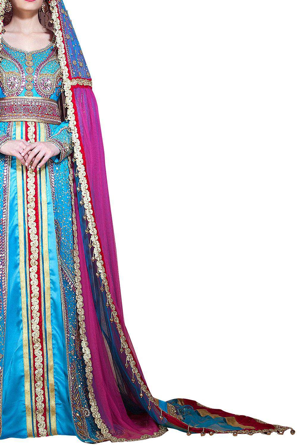 Elegant Arabic Muslim Wedding Caftan - Long Sleeve Dark Pink & Ferozi Designer Dress with Veil | Perfect for Bridal Ceremonies, Henna Nights & Special Occasions