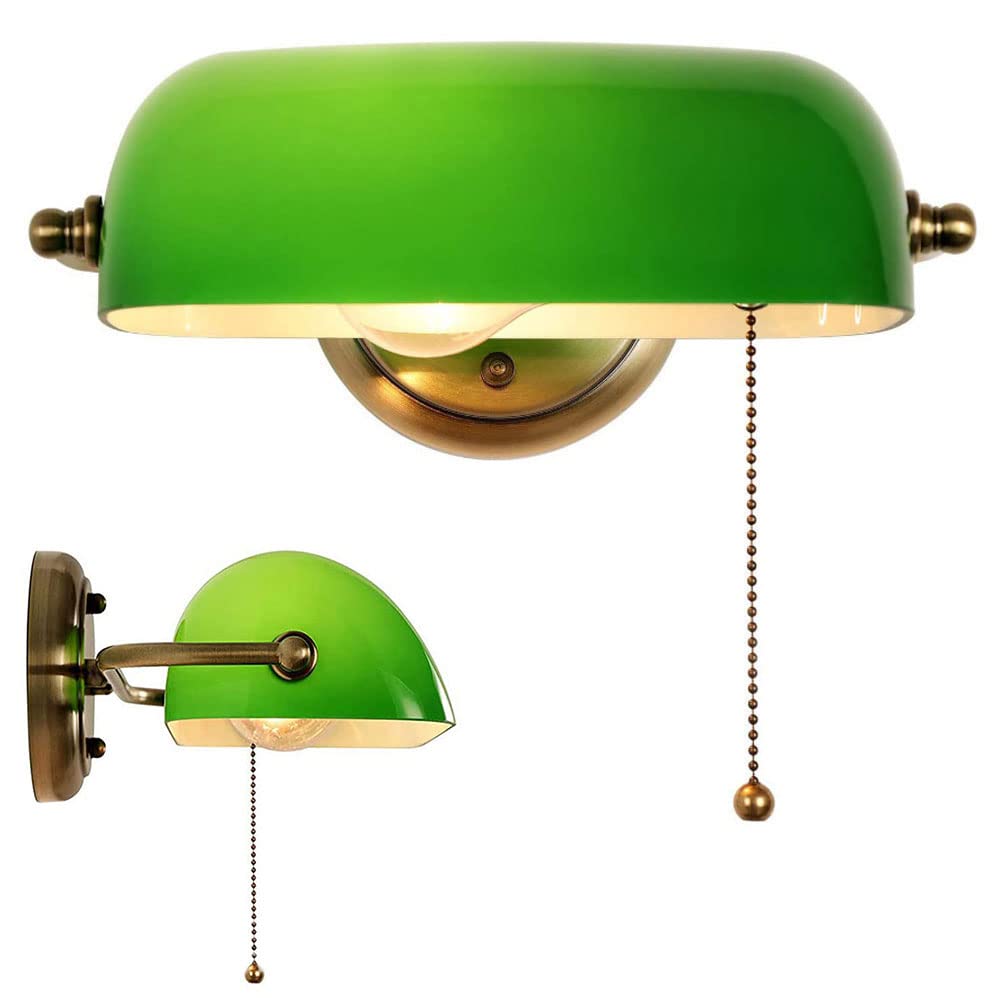 Omesino Traditional Green Banker Lamp - Vintage Reading Light with Pull Chain Switch & Adjustable Shade - Antique Desk Lamp for Study, Hotel Room, Bedside Nightstand - Perfect for Home Office & Library Lighting