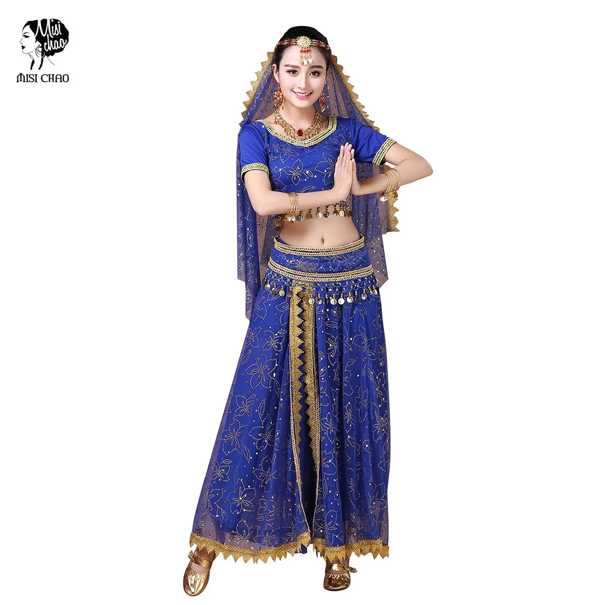 Elegant MISI CHAO Belly Dance Costume - Bollywood Chiffon Dress with Head Veil for Women | Perfect for Halloween, Dance Performances & Cultural Events
