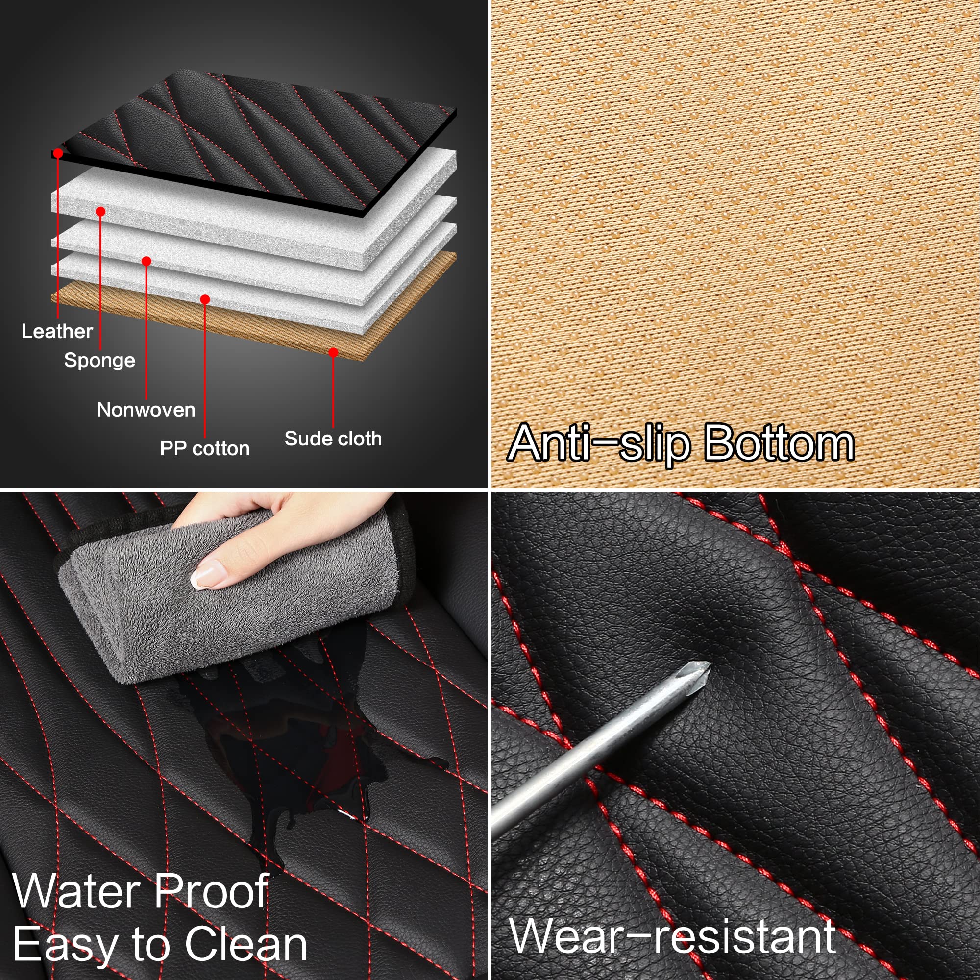 Premium Waterproof Faux Leather Car Seat Covers Full Set - Universal Fit for Sedans, Trucks & SUVs | Non-Slip Luxury Interior Protection | Black/Red Stitching | Perfect for Commuting, Road Trips & Family Vehicles