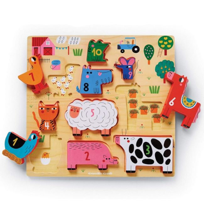 Crocodile Creek 10-Piece Stacking Wood Puzzle - 123 Barnyard Animals, Educational Toddler Toys for Kids Ages 2-4, Fun Learning Activity for Preschool & Daycare