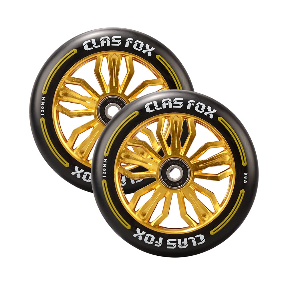 120mm Pro Scooter Wheels - Pair of 2 with Bearings (120x24mm) - High Performance Kids Scooter Replacement Parts in Black & Gold - Perfect for Tricks, Stunts & Street Riding