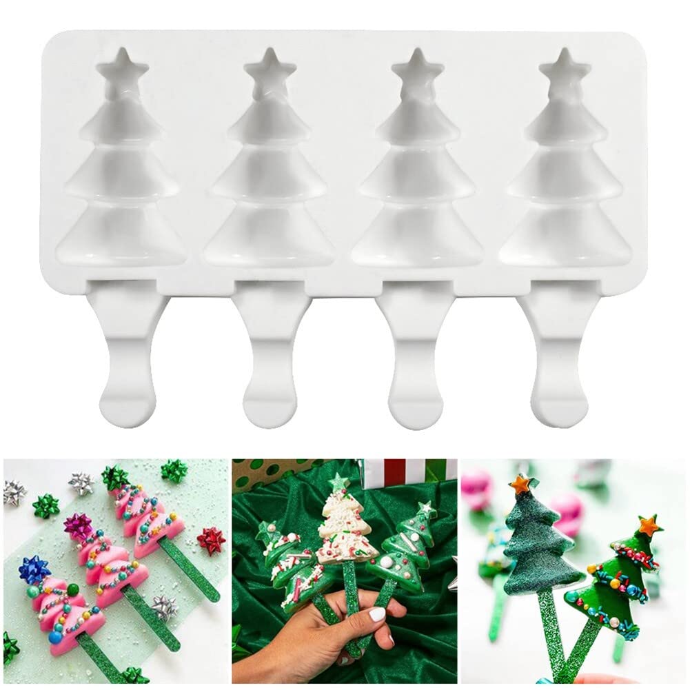 Christmas Tree Shaped Silicone Popsicle Molds - 4 Cavity Reusable Ice Pop Makers for Kids & Adults - Perfect for Homemade Ice Cream, Cake Pops, and DIY Frozen Treats - Great for Summer Parties, Holiday Desserts, and Family Fun