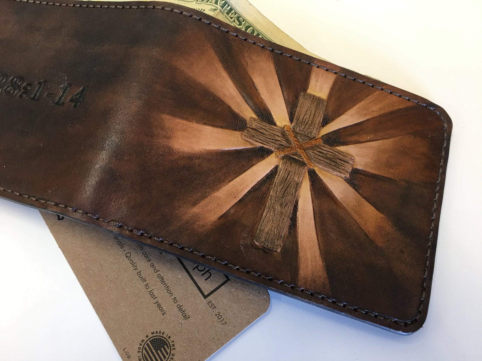 Handmade 3D Genuine Leather Wallet for Men - Custom Engraved & Hand-Painted Christian Cross Design - Personalized Gift for Father's Day, Birthday & Religious Occasions