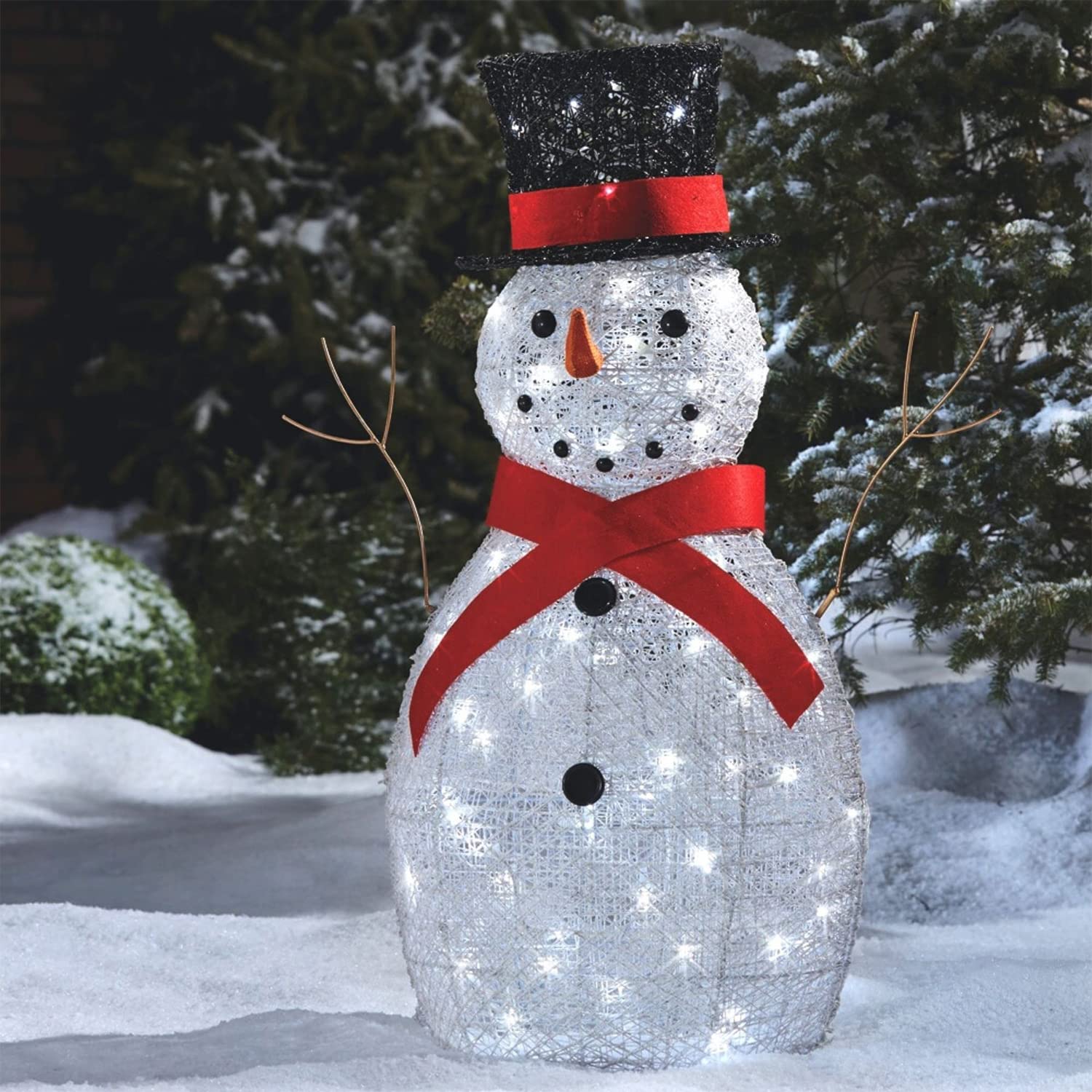 Pre-Lit Metal Snowman Christmas Decoration with LED Lights & Top Hat - Outdoor Holiday Lawn Ornament with Red Scarf - Perfect for Front Yard Decor, Winter Festivals & Christmas Light Displays
