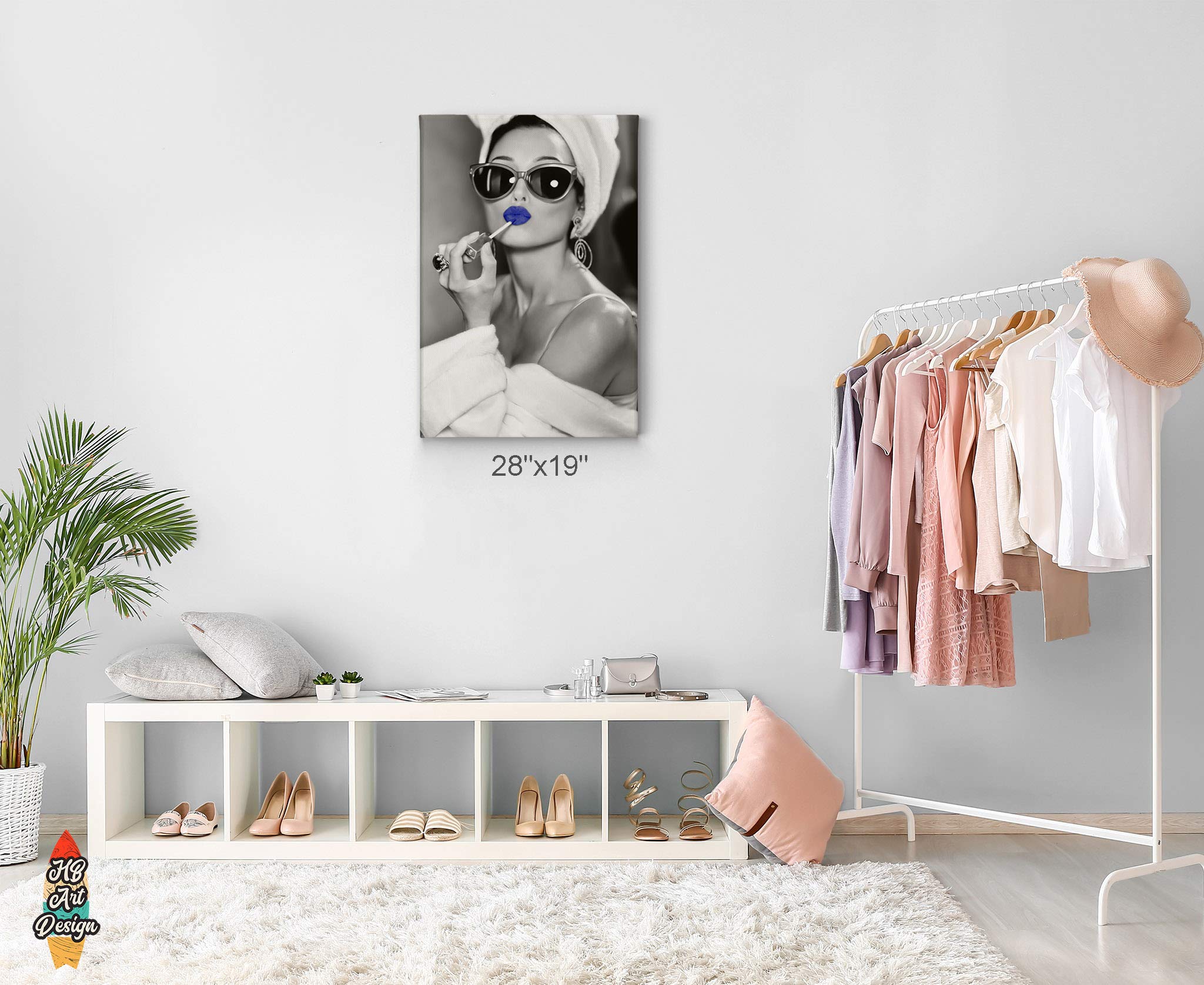 Audrey Hepburn Style Blue Lips Canvas Print - Pop Art Wall Decor for Bedroom, Vanity & Makeup Room | 36x24 Inch Fashion Artwork, Unique Gift for Women