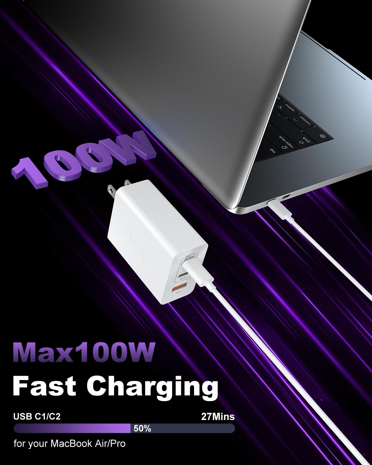 100W USB C Charger Block - 3-Port GaN Fast Wall Charger with 10ft USB C Cable - Compatible with MacBook Pro/Air, iPad Pro, iPhone 16/15 Pro, Galaxy S25/S24/S23 [2 Pack] - Perfect for Travel, Office & Home Charging