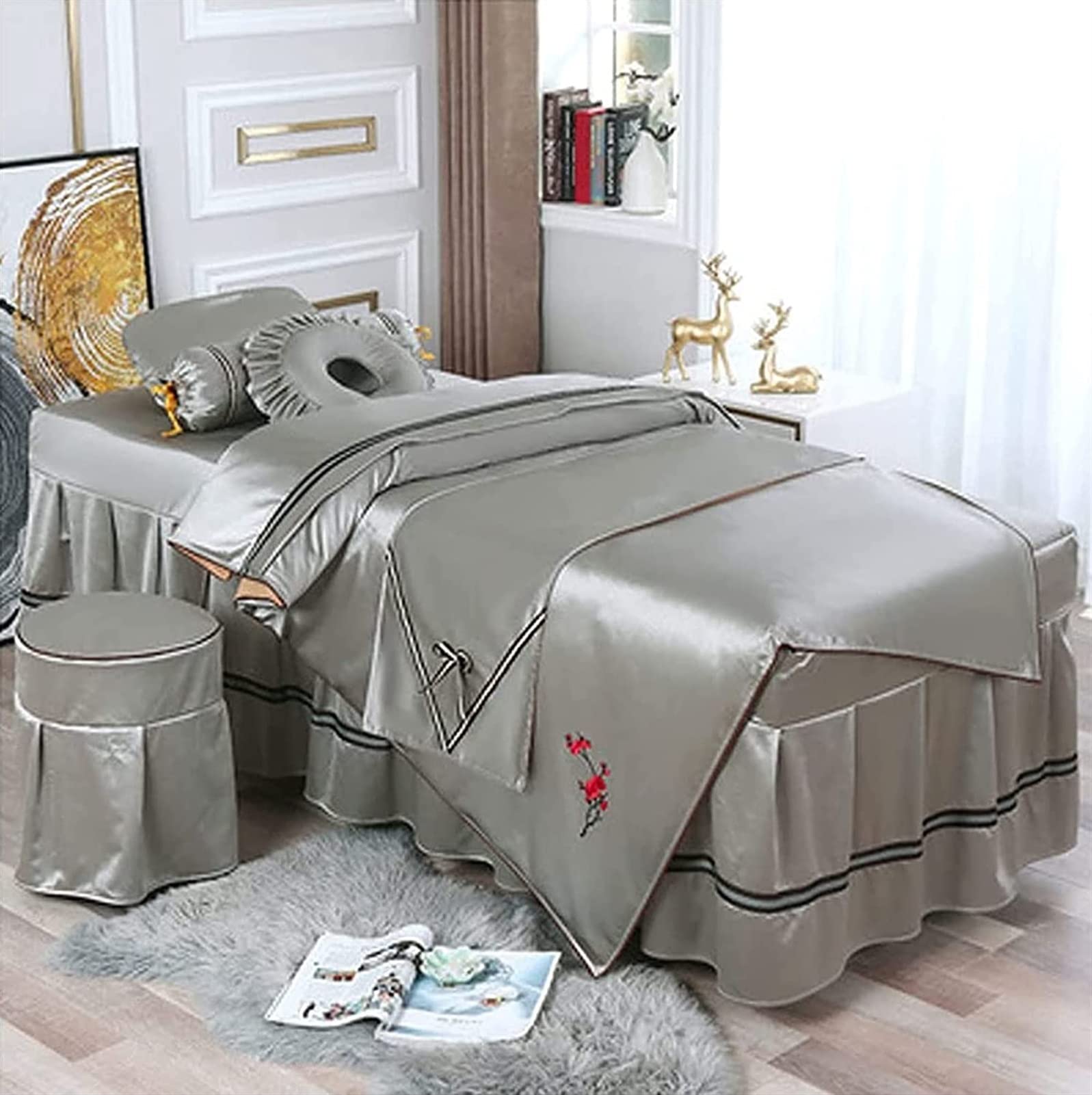 JIngtoNG 4-Piece Massage Table Sheet Set - European Solid Color Salon Spa Bed Cover with Face Rest Hole & Table Skirt (190x80cm Square Head, Gray) - Perfect for Professional Massage, Facial Treatments & Spa Services