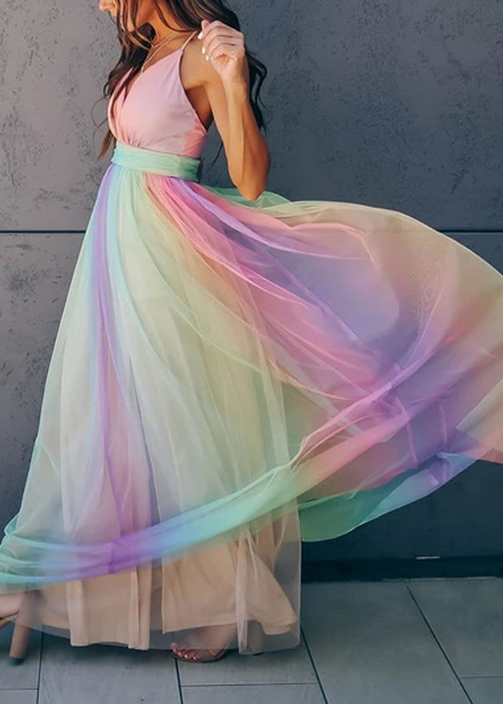 Women's Summer Beach Dress - Rainbow Spaghetti Straps V-Neck Flared Boho Maxi Dress for Vacation, Pool Party & Tropical Getaway